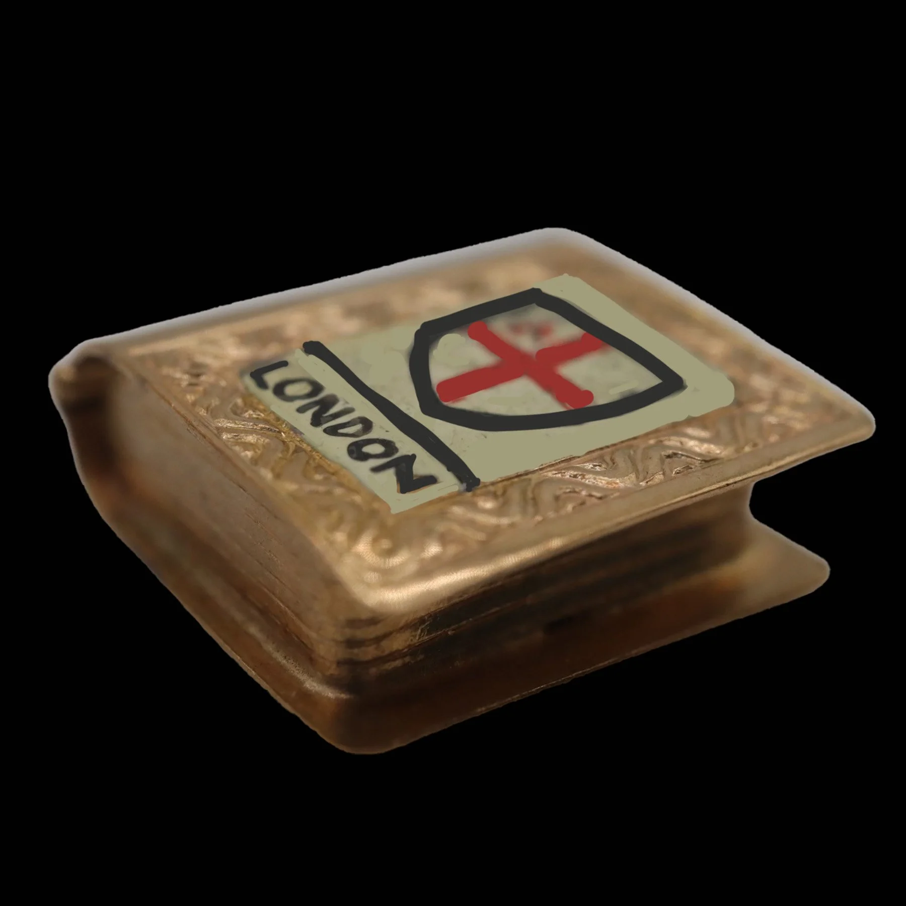Angled view of miniature opening gold London souvenir book pendant.