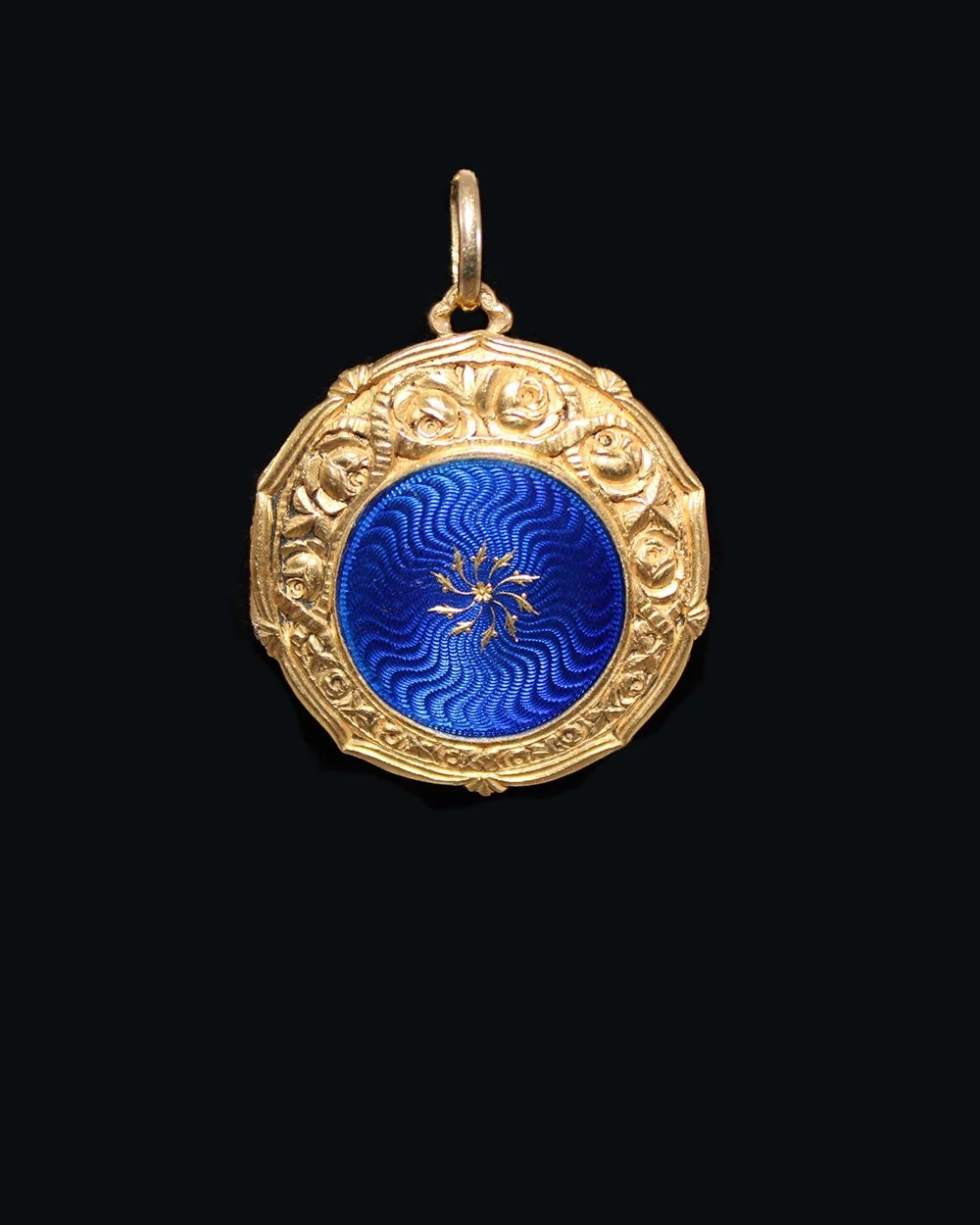 Elegant 18K Gold Photo Locket with Blue Enamel