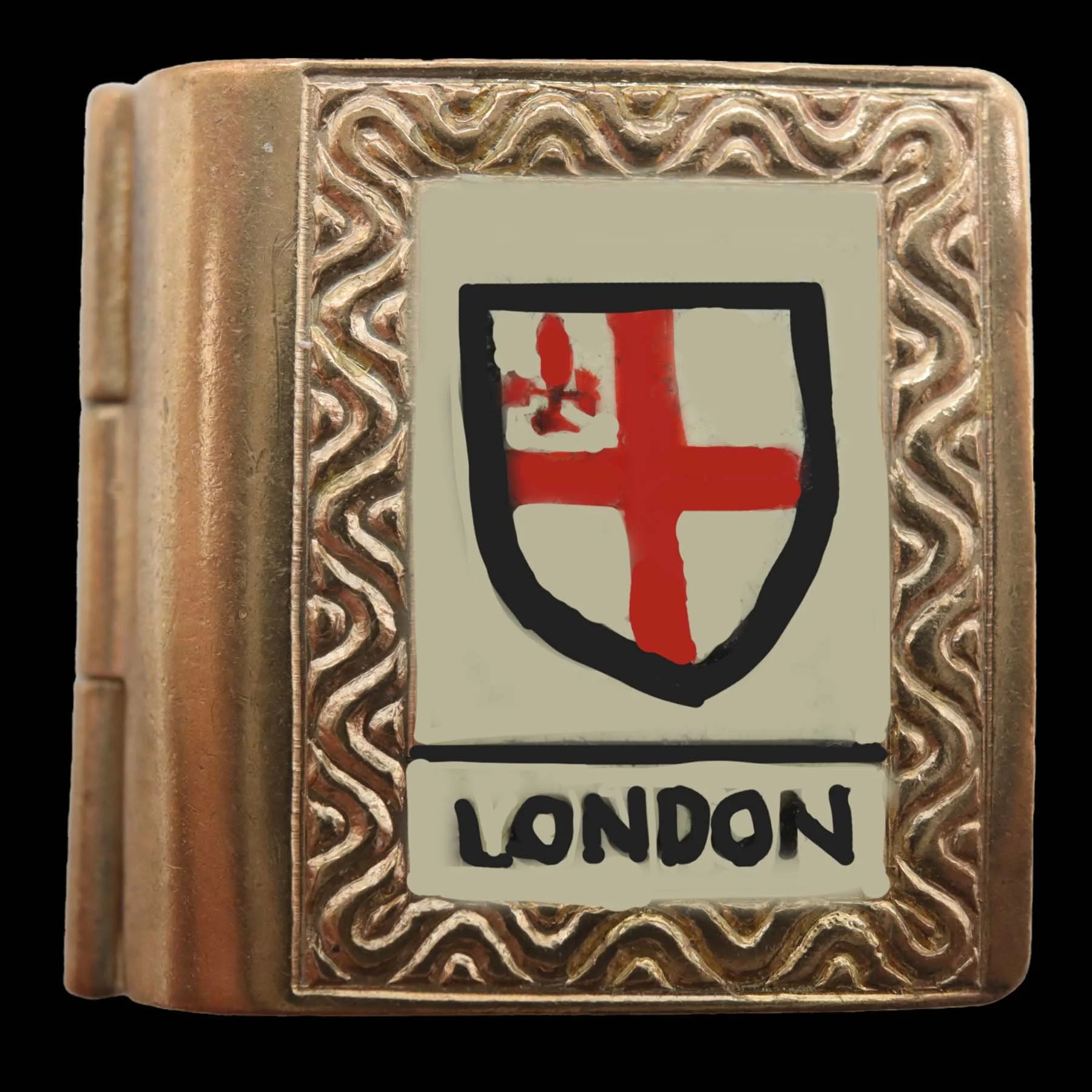Vintage 9ct gold London book charm pendant featuring the City of London coat of arms on the front cover.