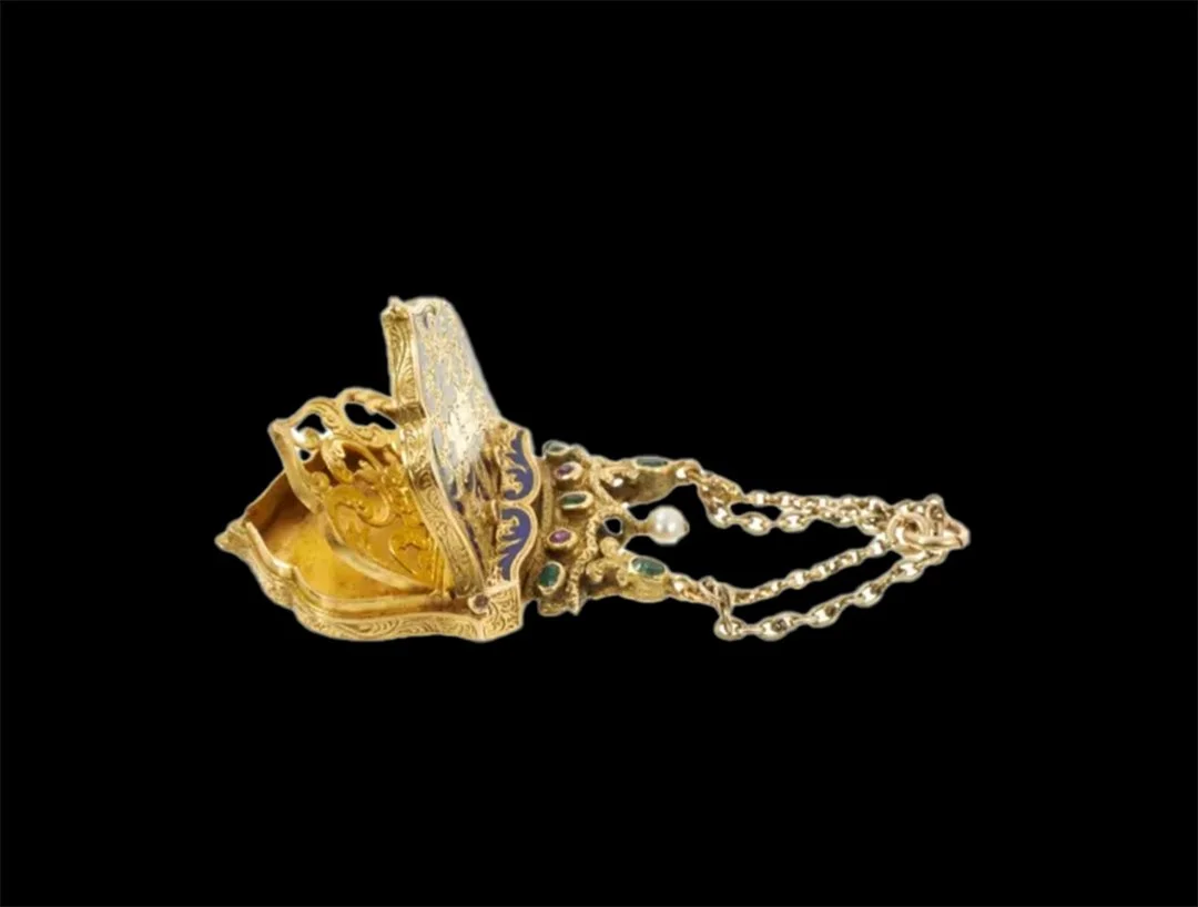 side and open view gold and enamel vinaigrette, surmounted by a crown with pearl, emeralds and rubies