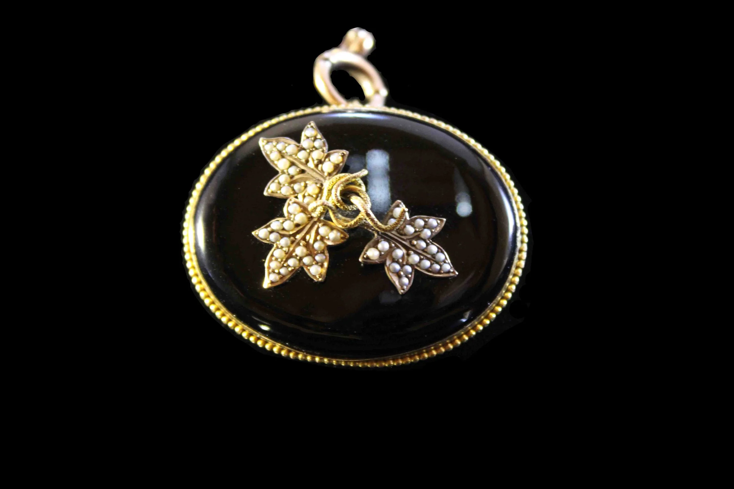 Black Enamel Mourning Locket with Seed Pearl Leaves