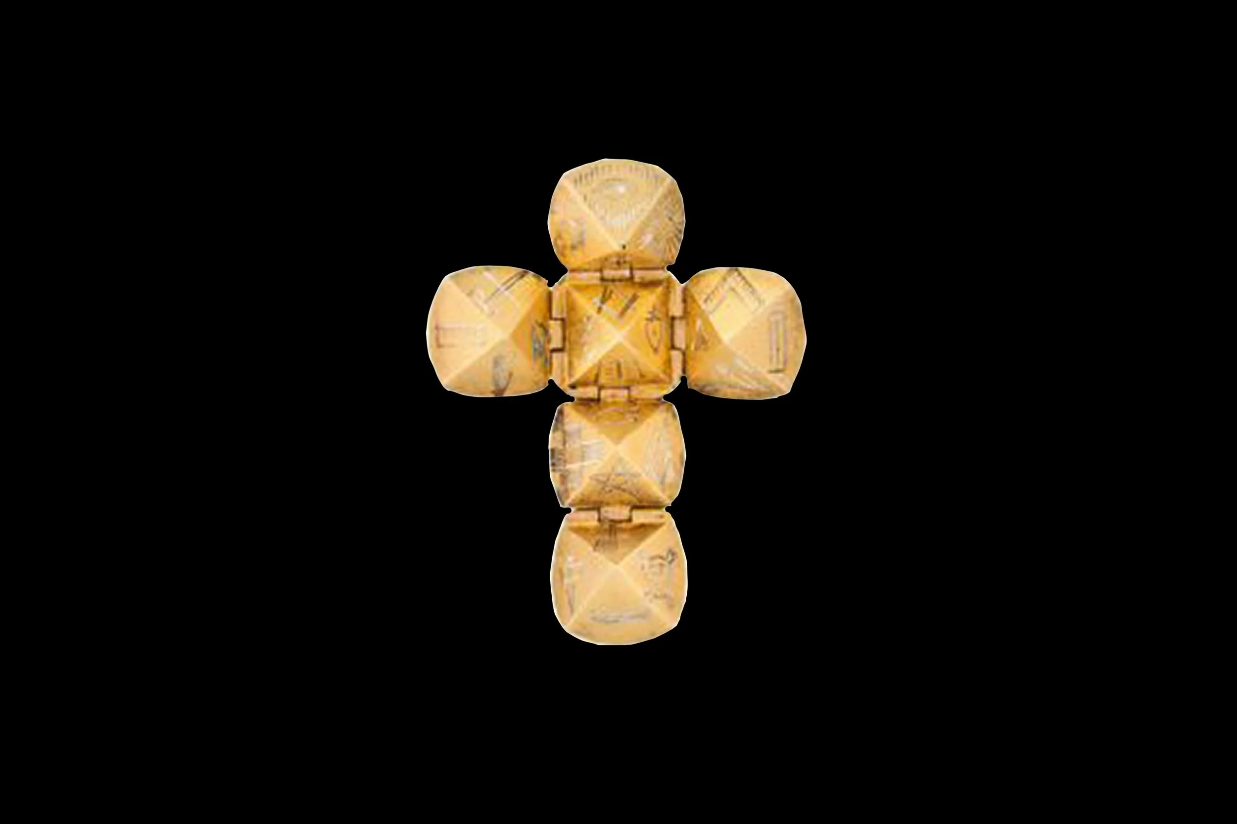 Gold Masonic puzzle ball pendant opening into cross shape