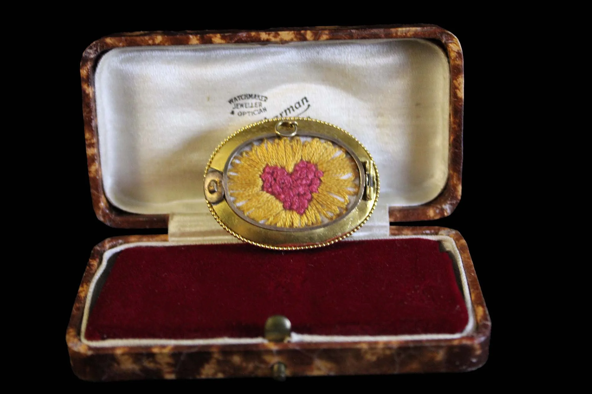 Victorian symbolism embroidery in antique jewelry presentation case