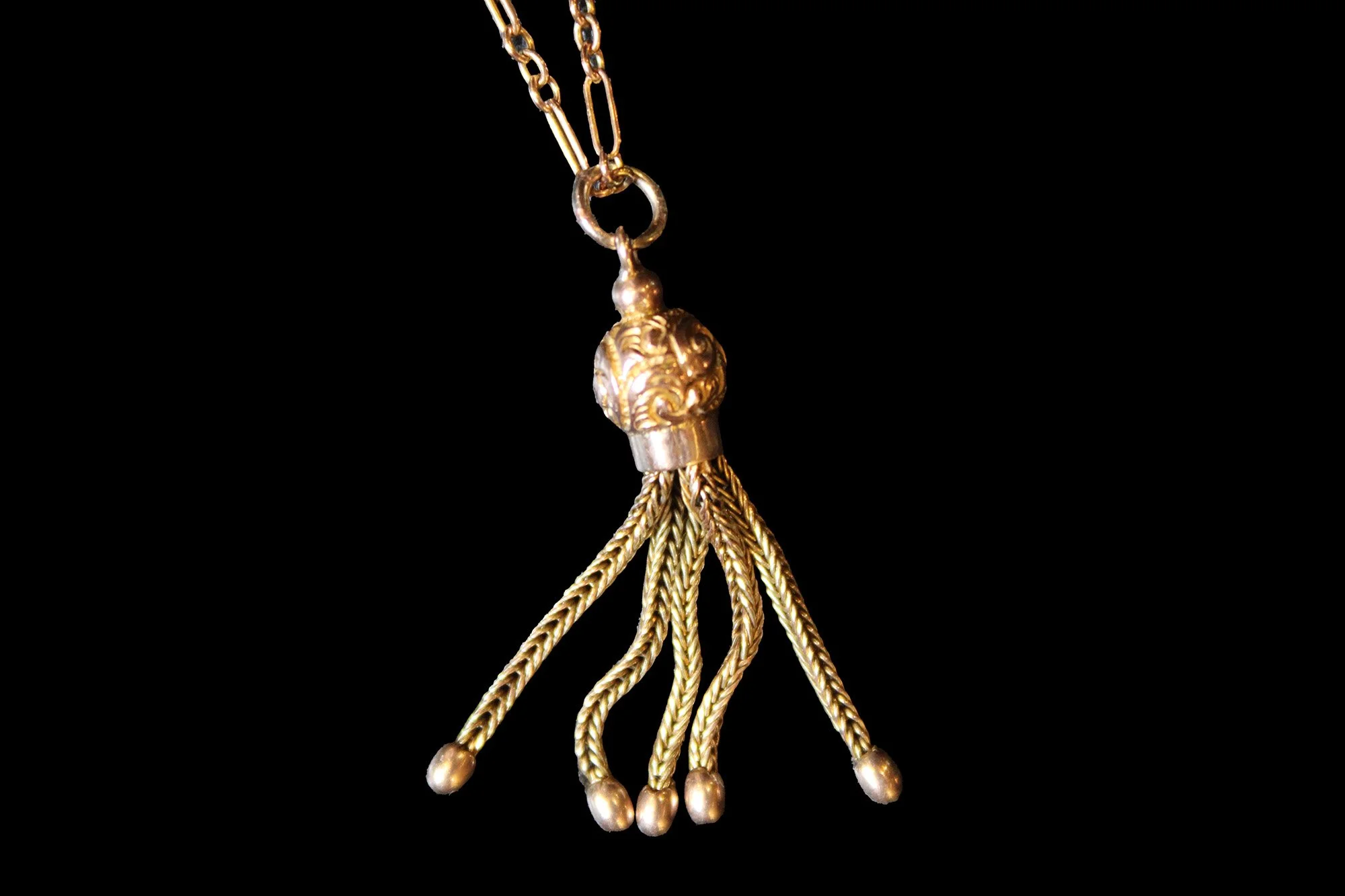 side view Victorian 9K rose gold tassel pendant