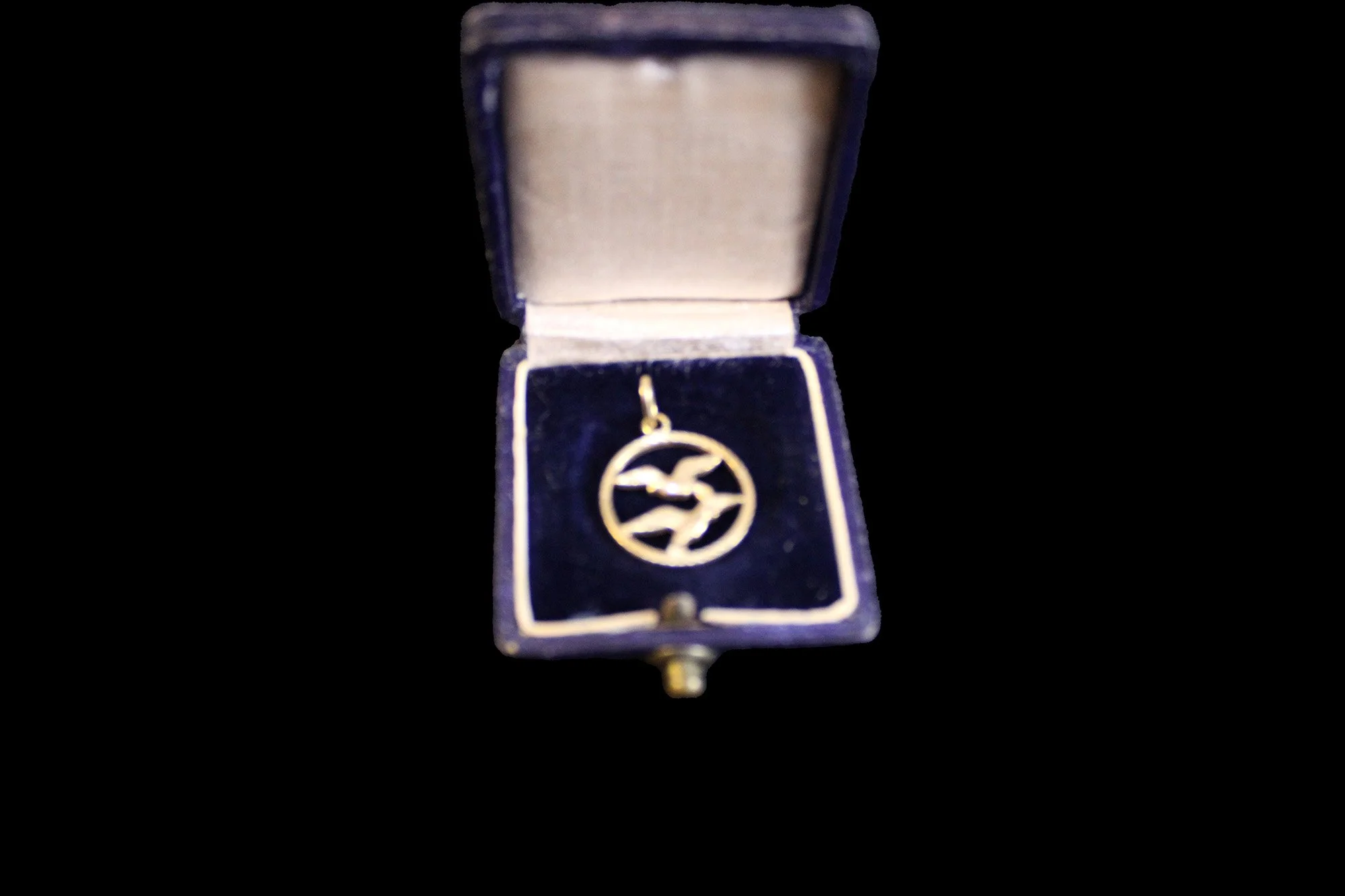 birds in flight charm in antique jewelry case