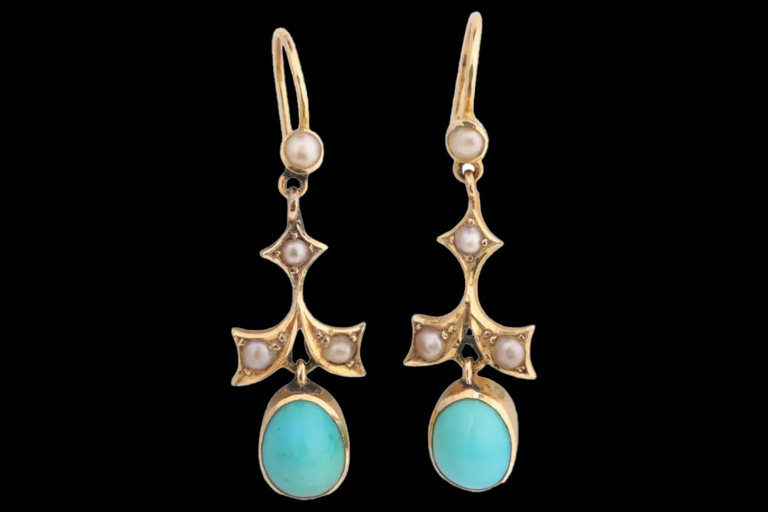 Edwardian 9ct Gold Turquoise & Pearl Drop Earrings