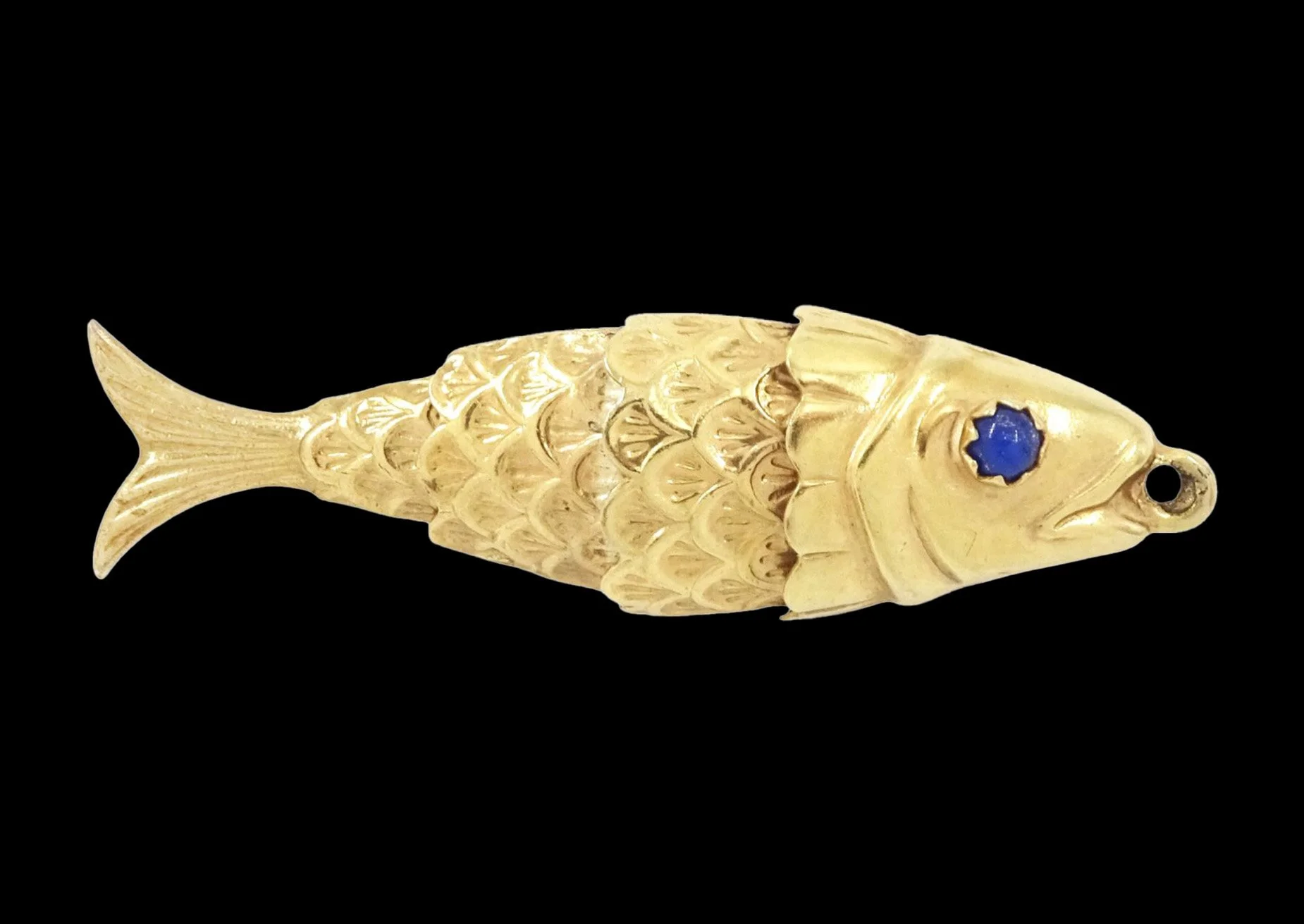 9K Gold Articulated Fish with Lapis Lazuli eyes front view