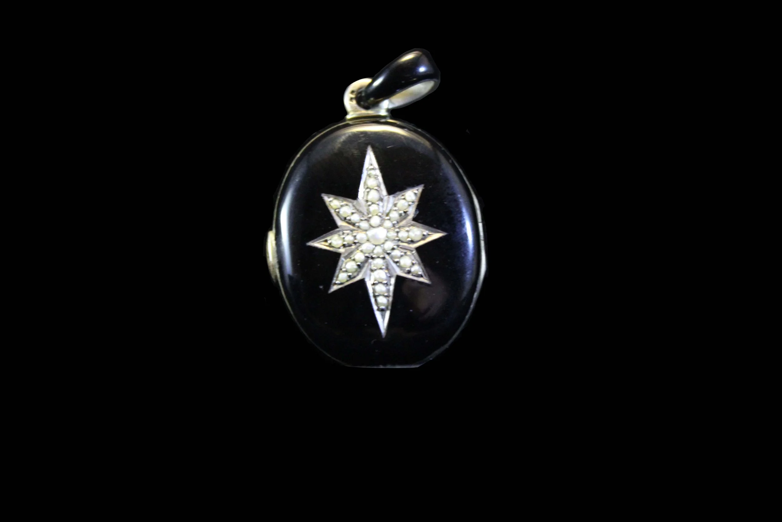 Black Enameled Oval Locket Seed Pearl Starburst