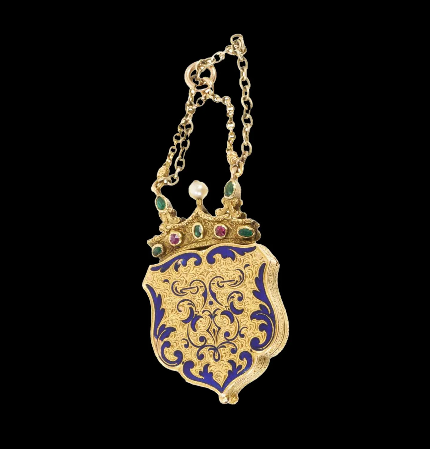 gold and enamel vinaigrette, surmounted by a crown with pearl, emeralds and rubies