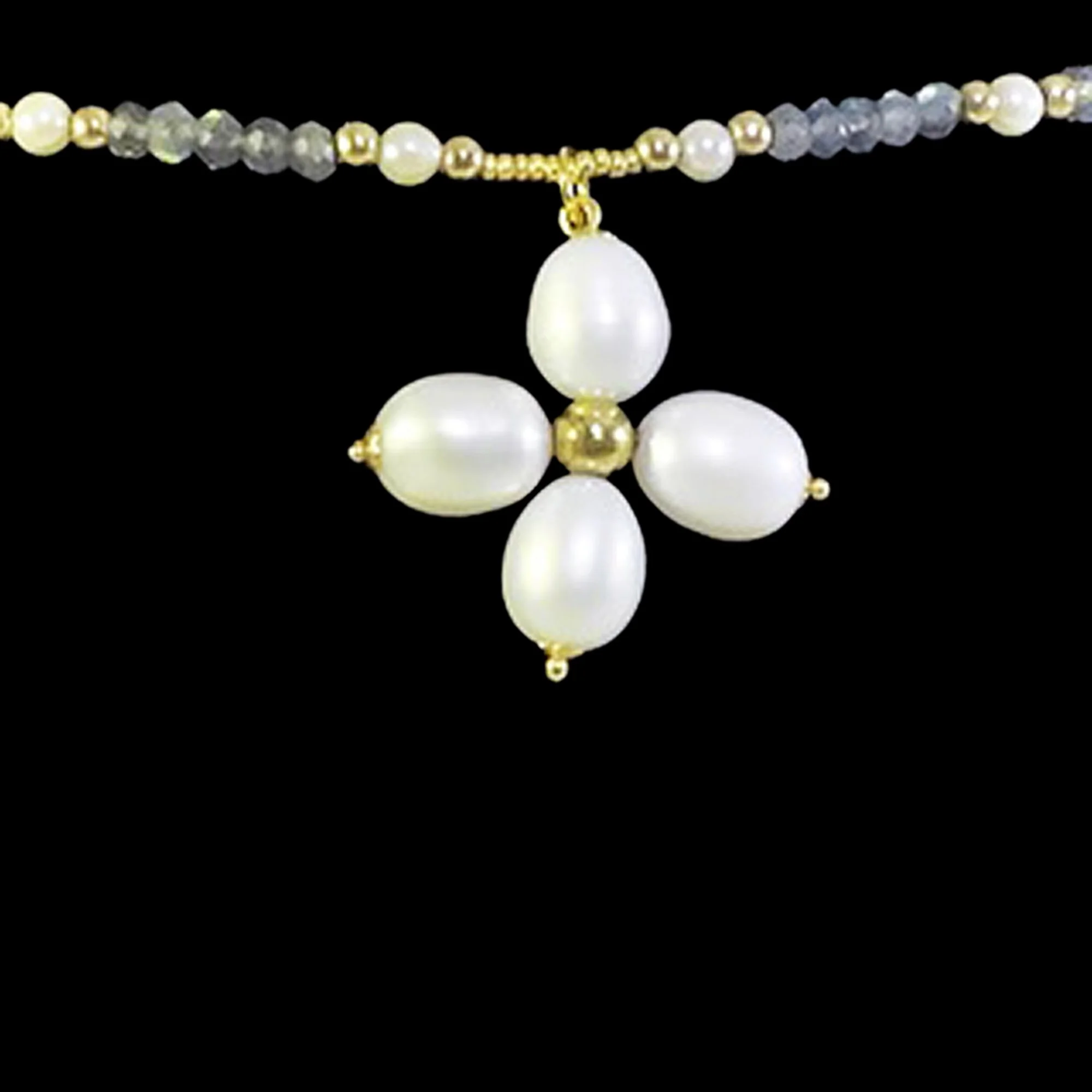 Italian Cultured Pearl Cross on Labradorite Bead Bracelet