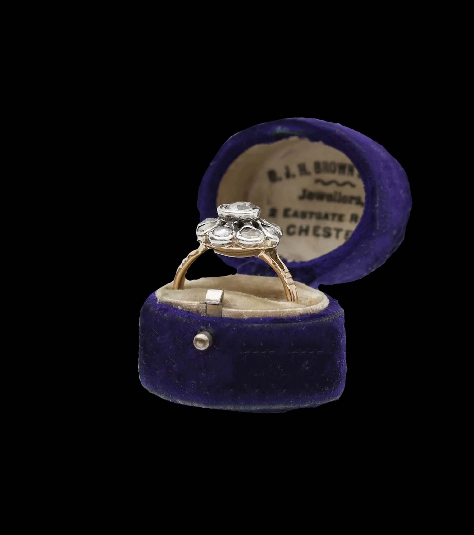 Victorian 18ct gold and silver rose-cut diamond daisy cluster ring in antique purple jewelry box
