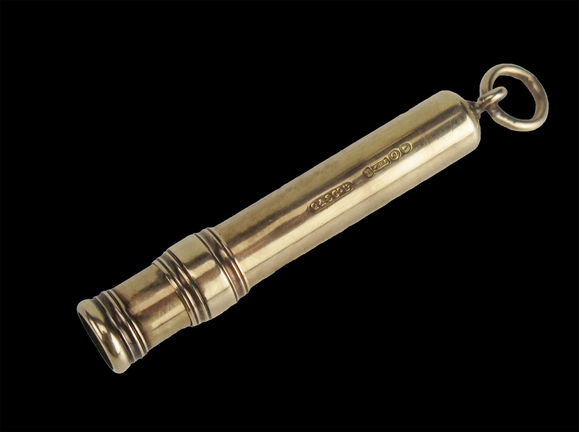 Hallmarked Edwardian solid gold pencil holder with suspension loop, London assay marks 1909.