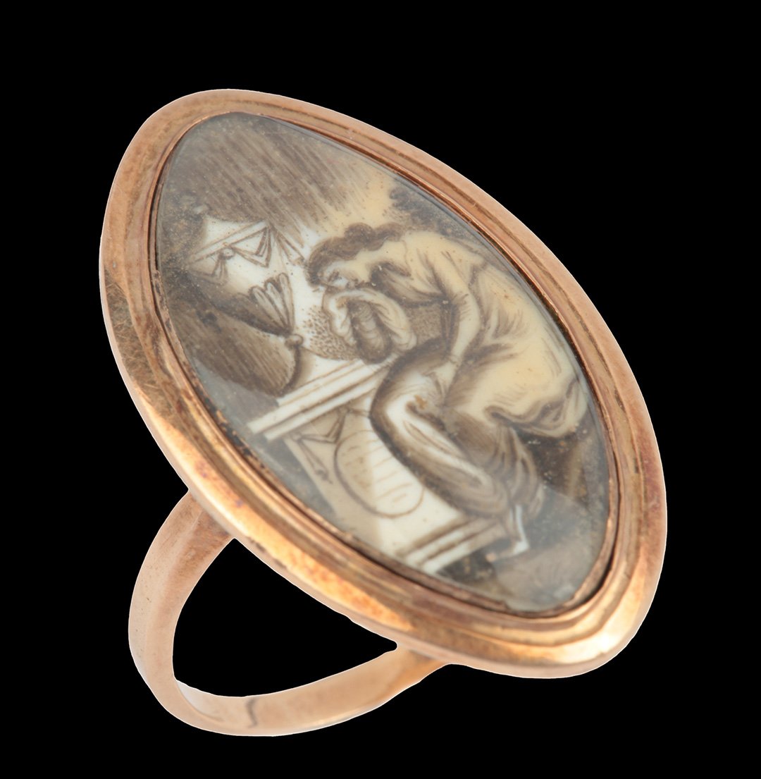George III gold mourning ring with hand-painted sepia ivory miniature depicting a grieving woman beside a funerary urn beneath a willow tree, inscribed and dated 1790.