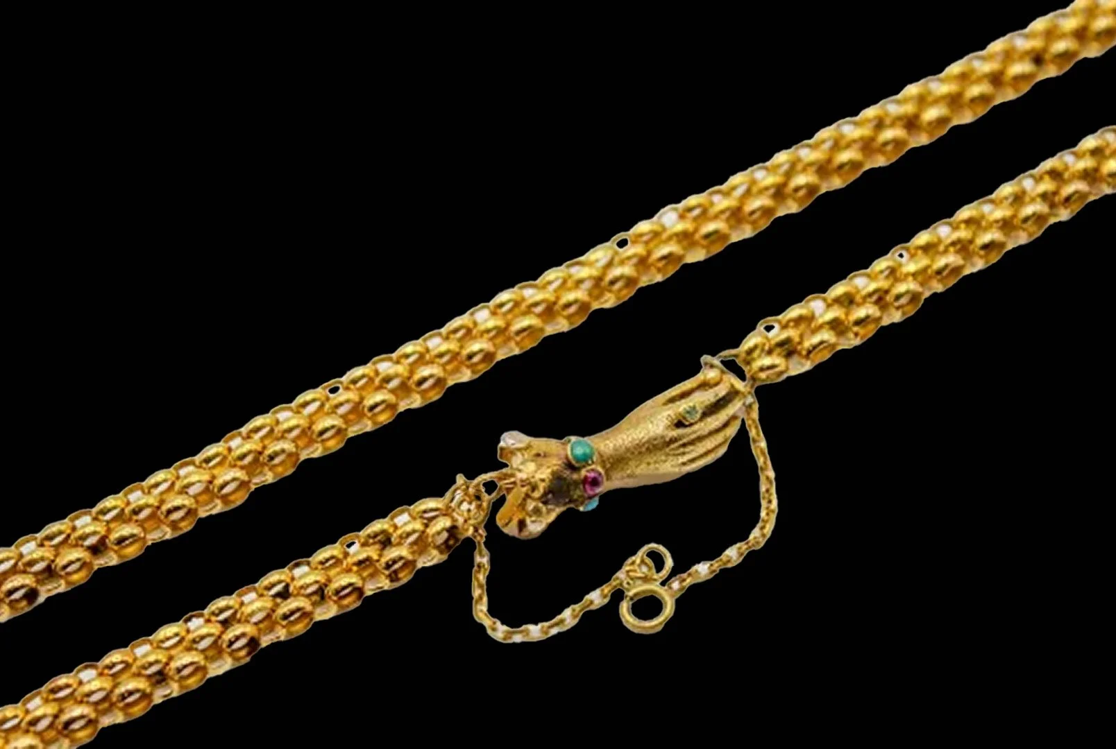 Victorian 14K Gold necklace with sculpted lady’s hand clasp