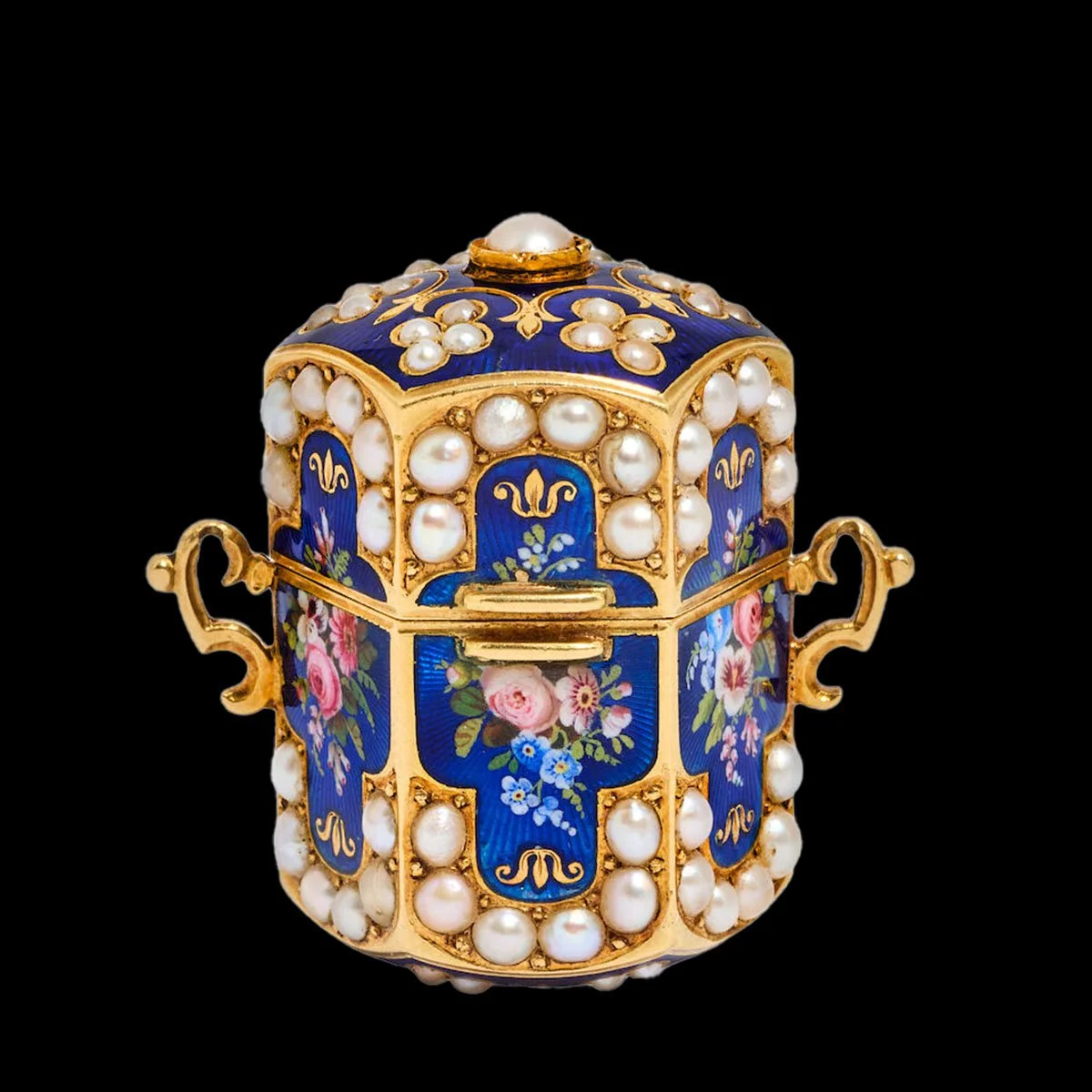 Antique 19th-century Swiss hexagonal 18K gold vinaigrette with royal blue enamel, hand-painted floral bouquets, seed pearls and scrolling gold loops.