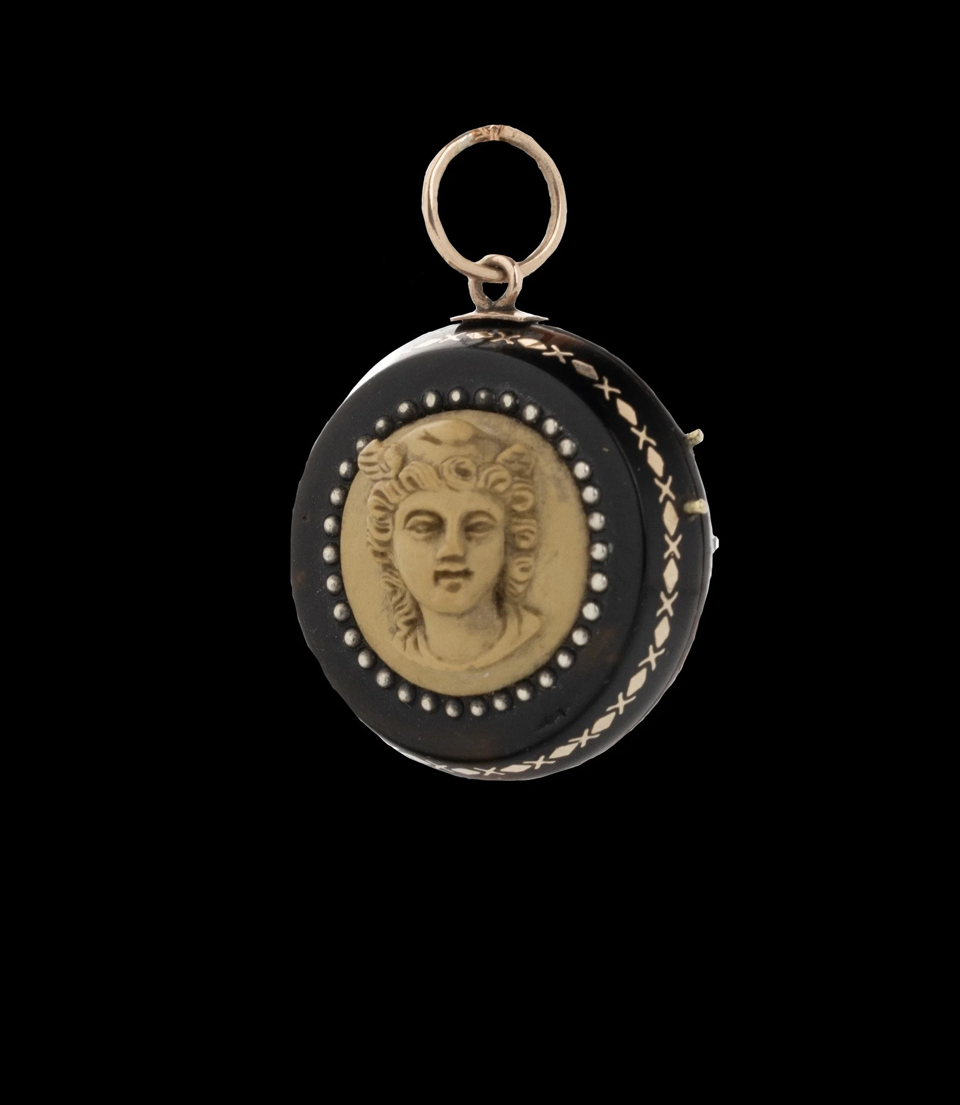 Victorian tortoiseshell locket with carved lava stone cameo depicting classical female figure