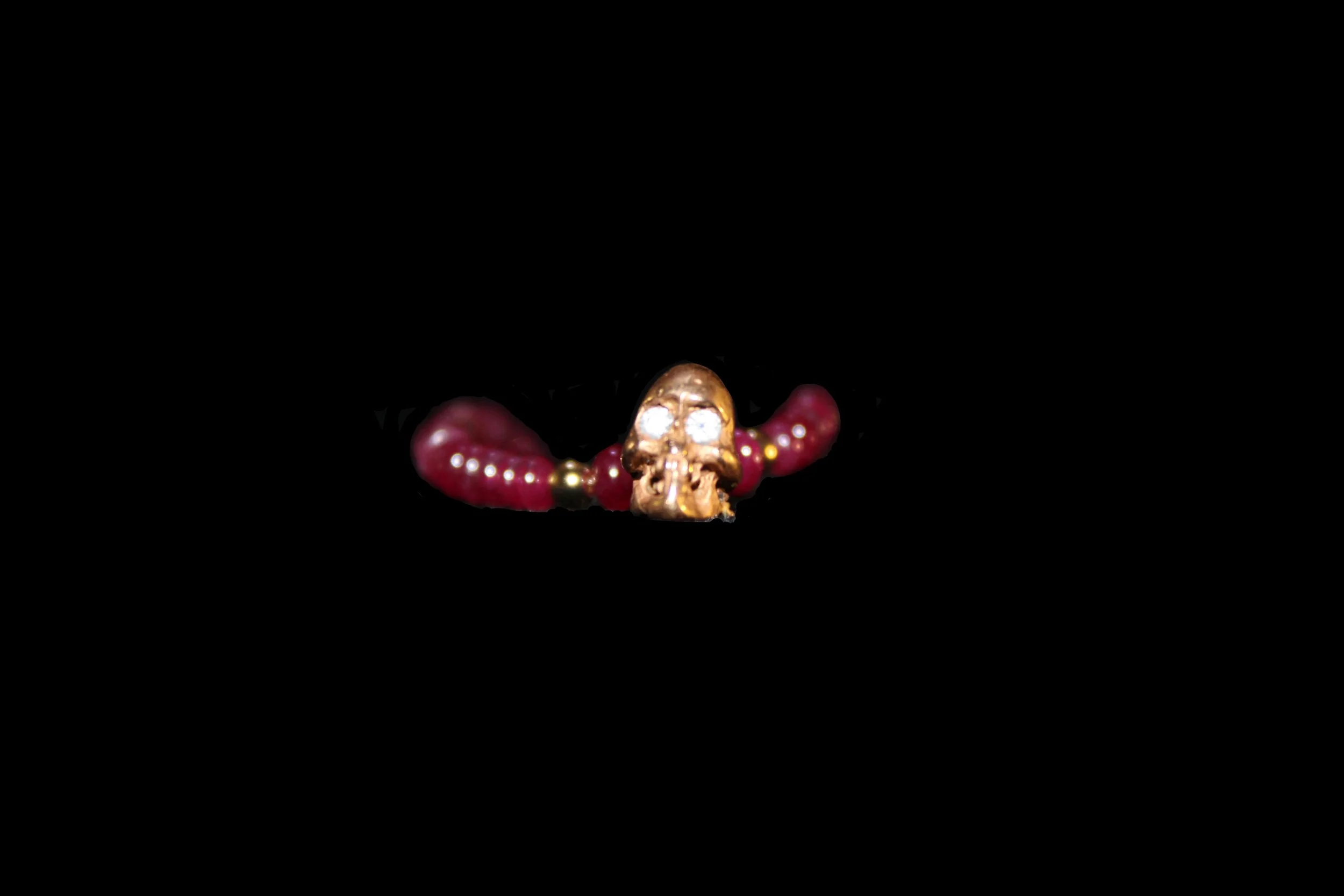 Ruby and 14K Gold Bead Bracelet with Diamond Eyed Gold Skull