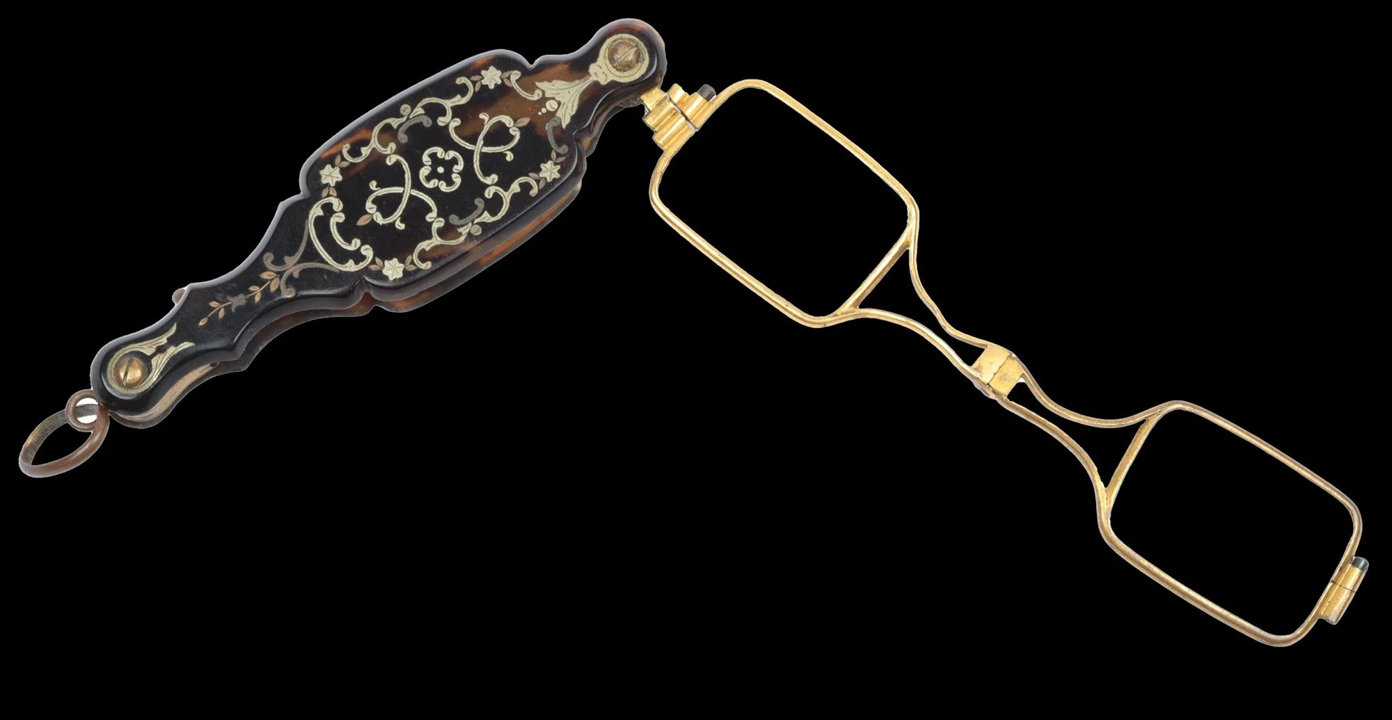 Open Late Victorian tortoiseshell lorgnette with gilt floral scroll decoration