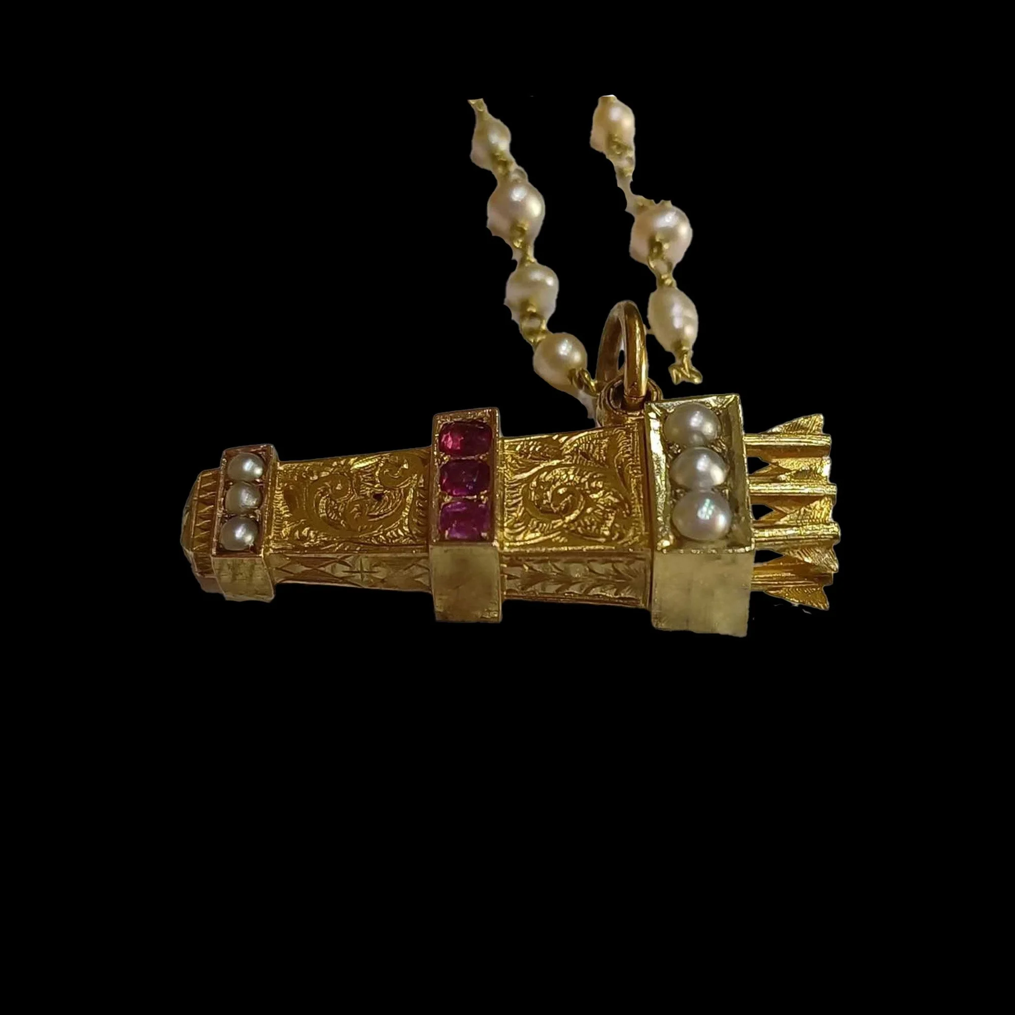 Detailed engraving on antique gold arrow quiver pendant