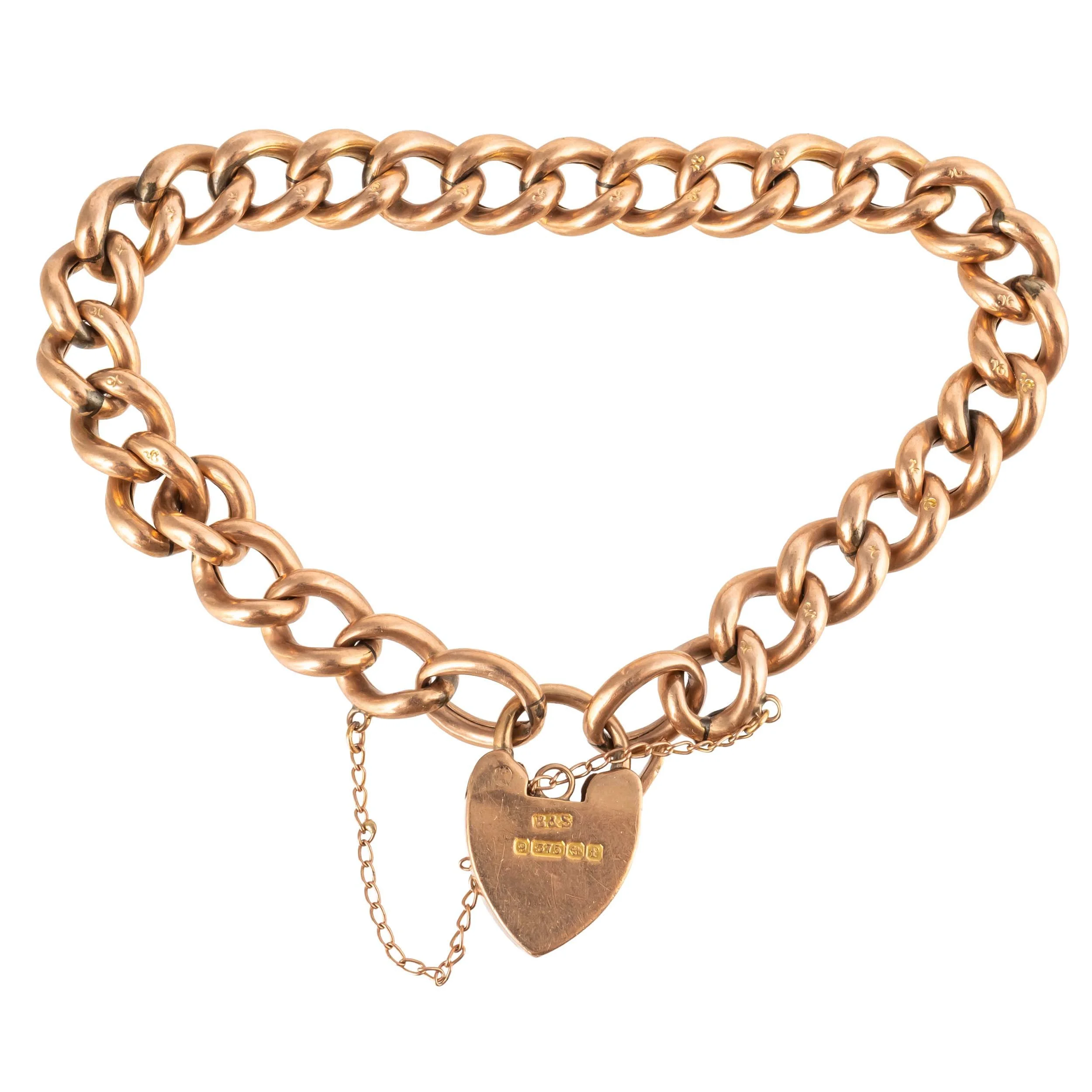 Close view of heart padlock clasp with 9K gold hallmark and safety chain