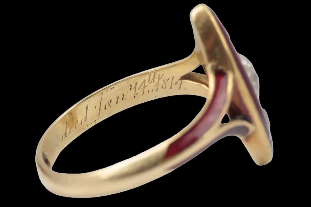 Close-up of Victorian mourning ring's engraved memorial inscription recording the death of William Aikin on 14 January 1874.