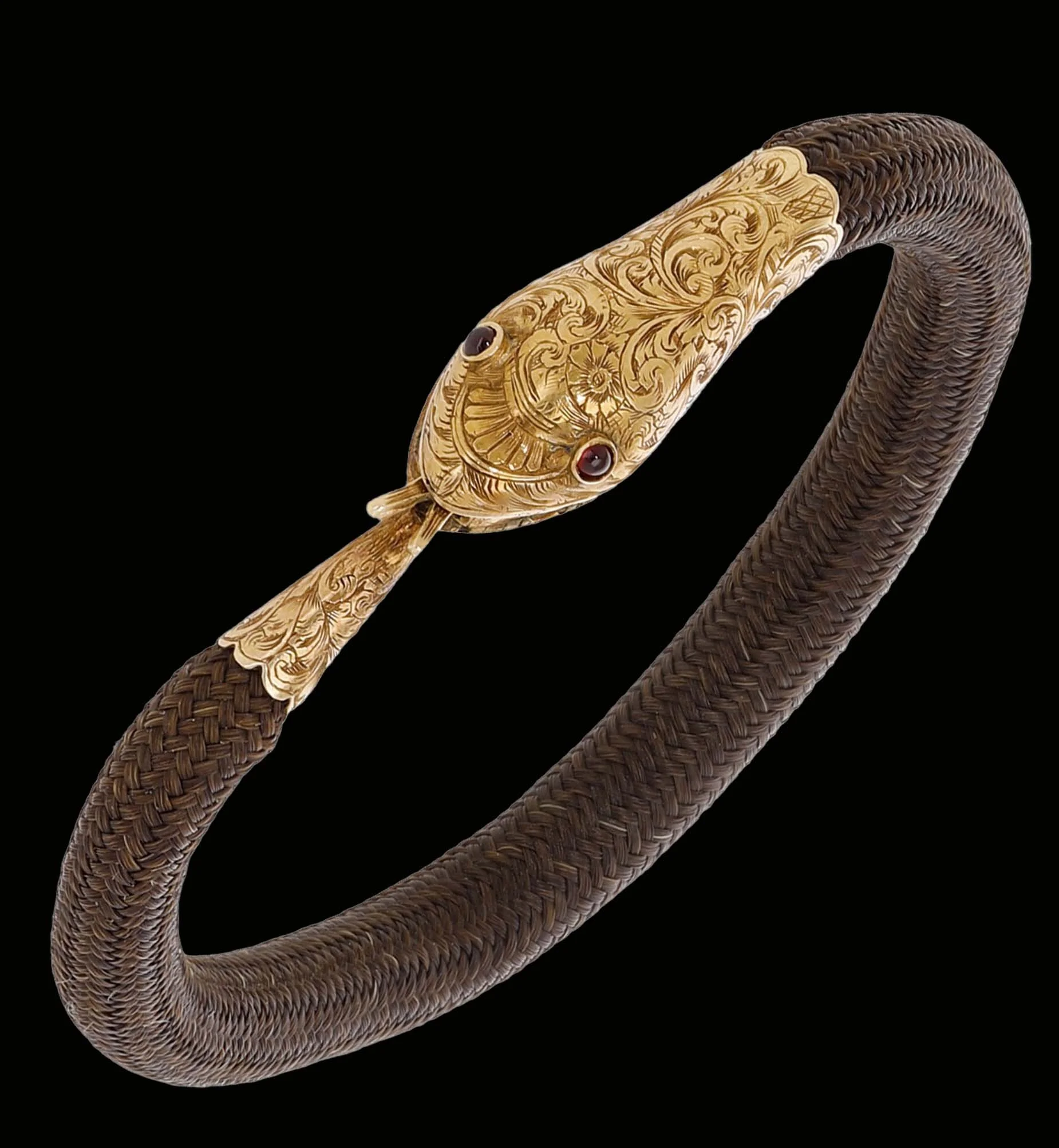 Ouroboros Hairwork Bracelet 9K Gold with Garnet Eyes