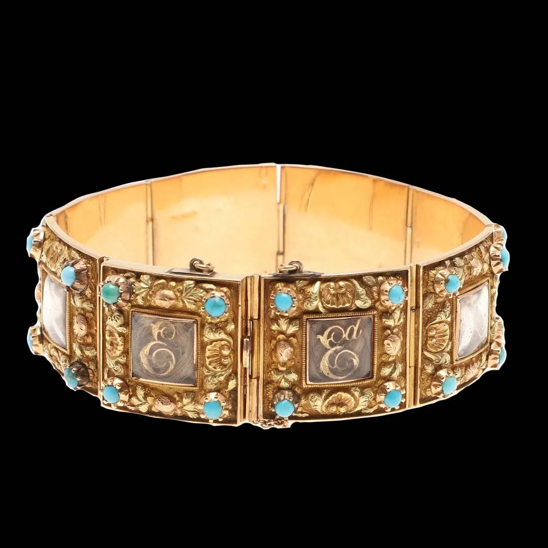 Gold hairwork panels preserving family hair, early Victorian literary provenance