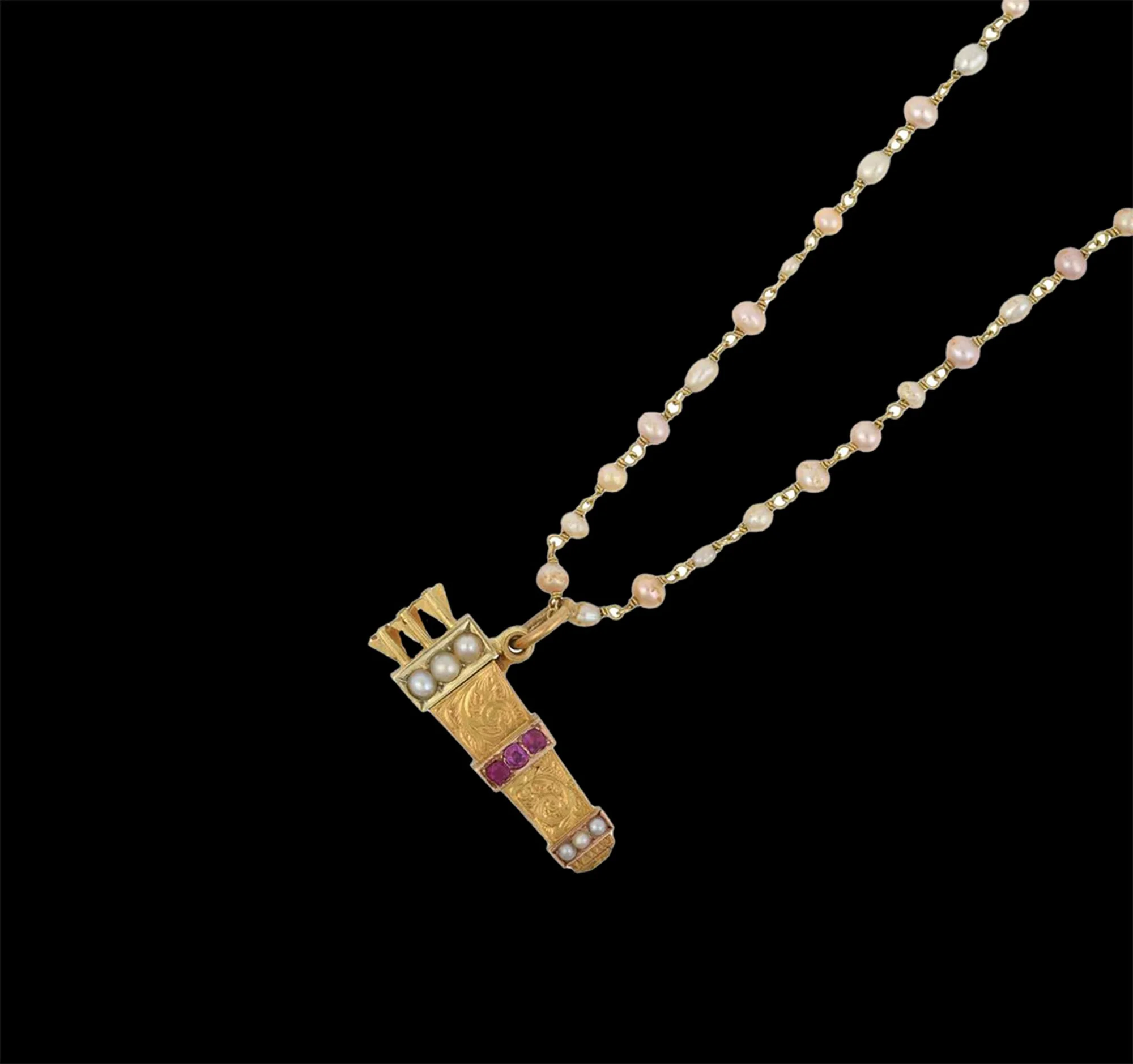 Victorian ruby pearl pendant on cultured pearl chain