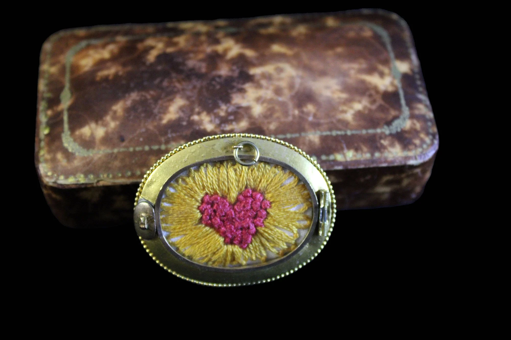 Victorian symbolism embroidery antique jewelry presentation case