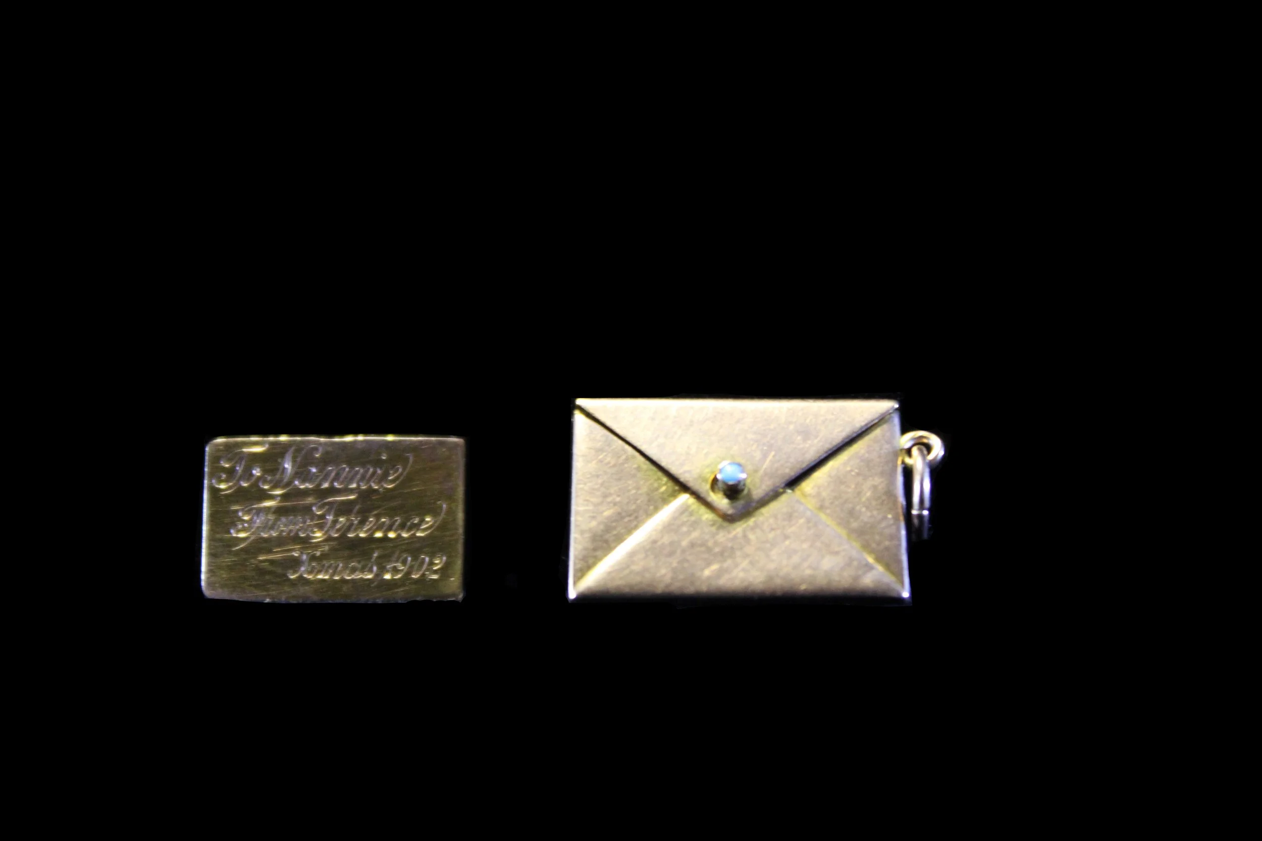 Victorian gold envelope locket with original removable engraved message insert displayed separately
