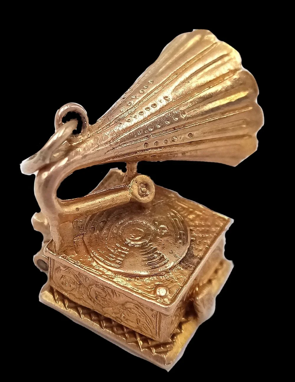 Miniature gramophone charm in gold, three dimensional