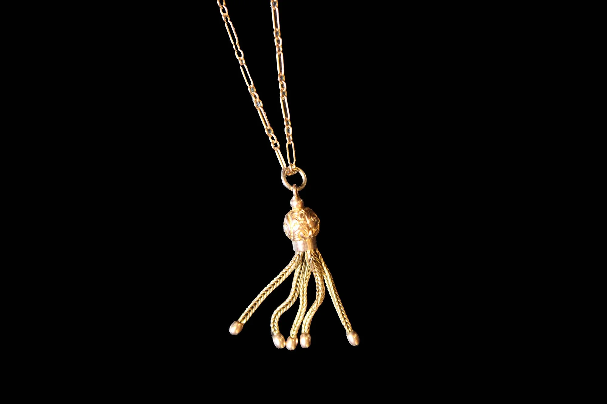 front view Victorian 9K rose gold tassel pendant
