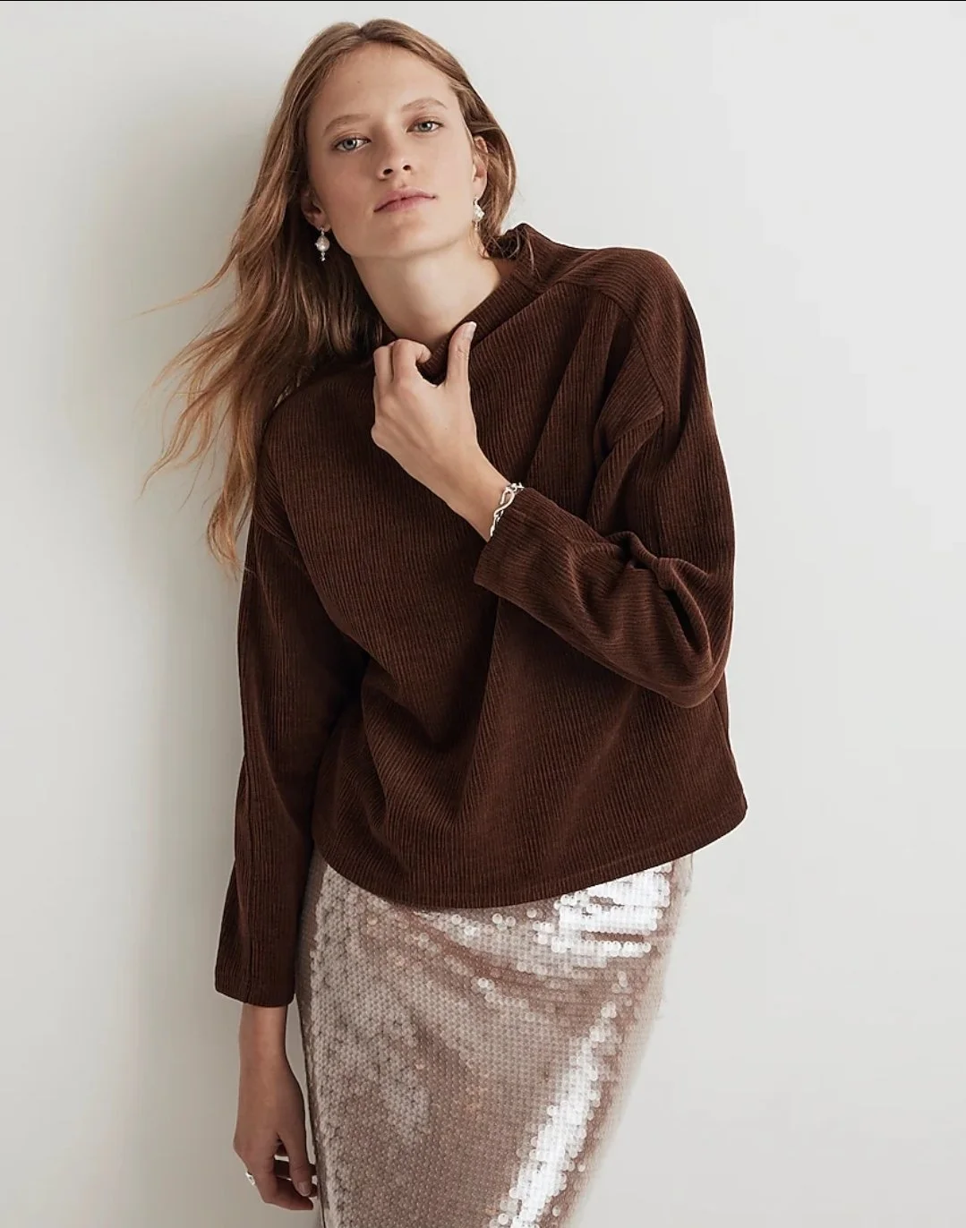 NWT Madewell Cocoa Jacquard Funnelneck Top