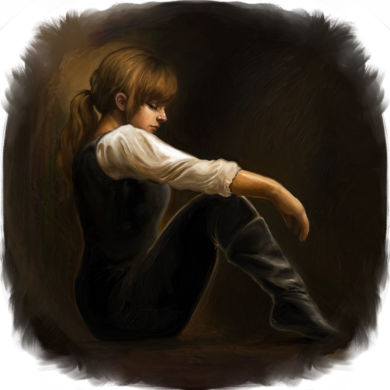 A young woman with long hair sitting on the floor, with her head bowed, in a contemplative pose, wearing a white blouse and black pants, in a dark background.