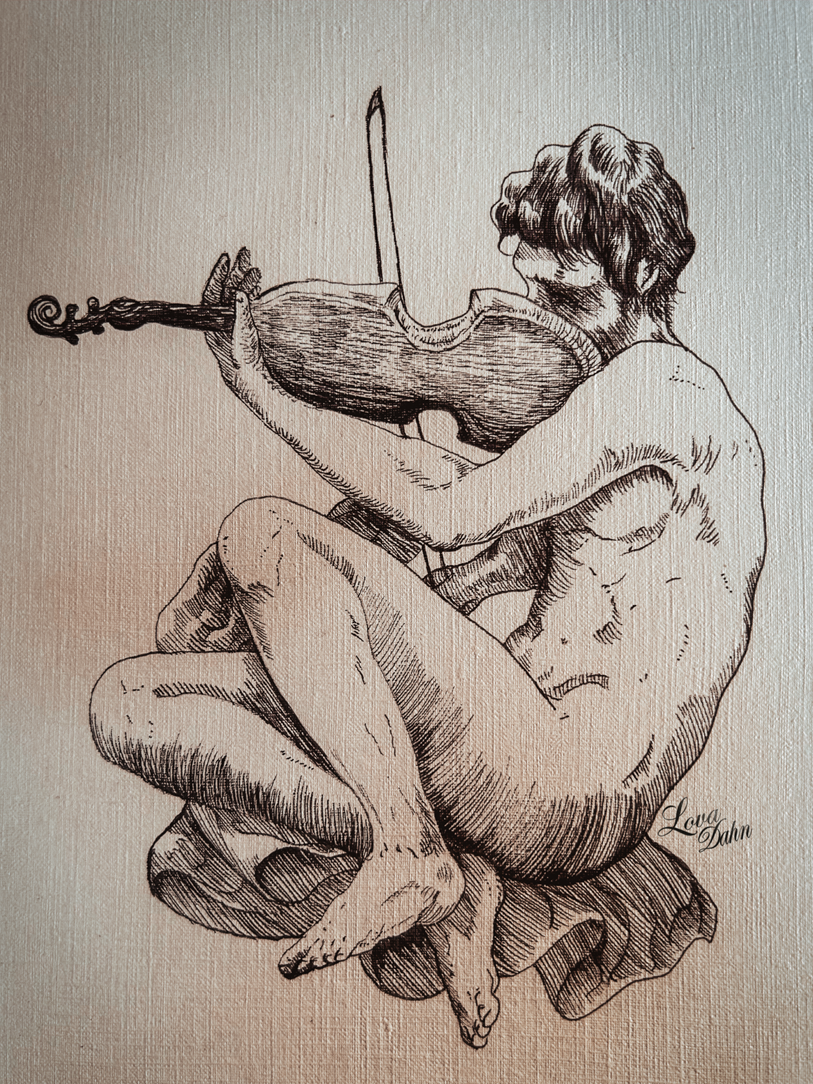 Sketch of a male holding a violin, sitting with knees to chest, with signature 'Lova Dahn' in bottom right corner.