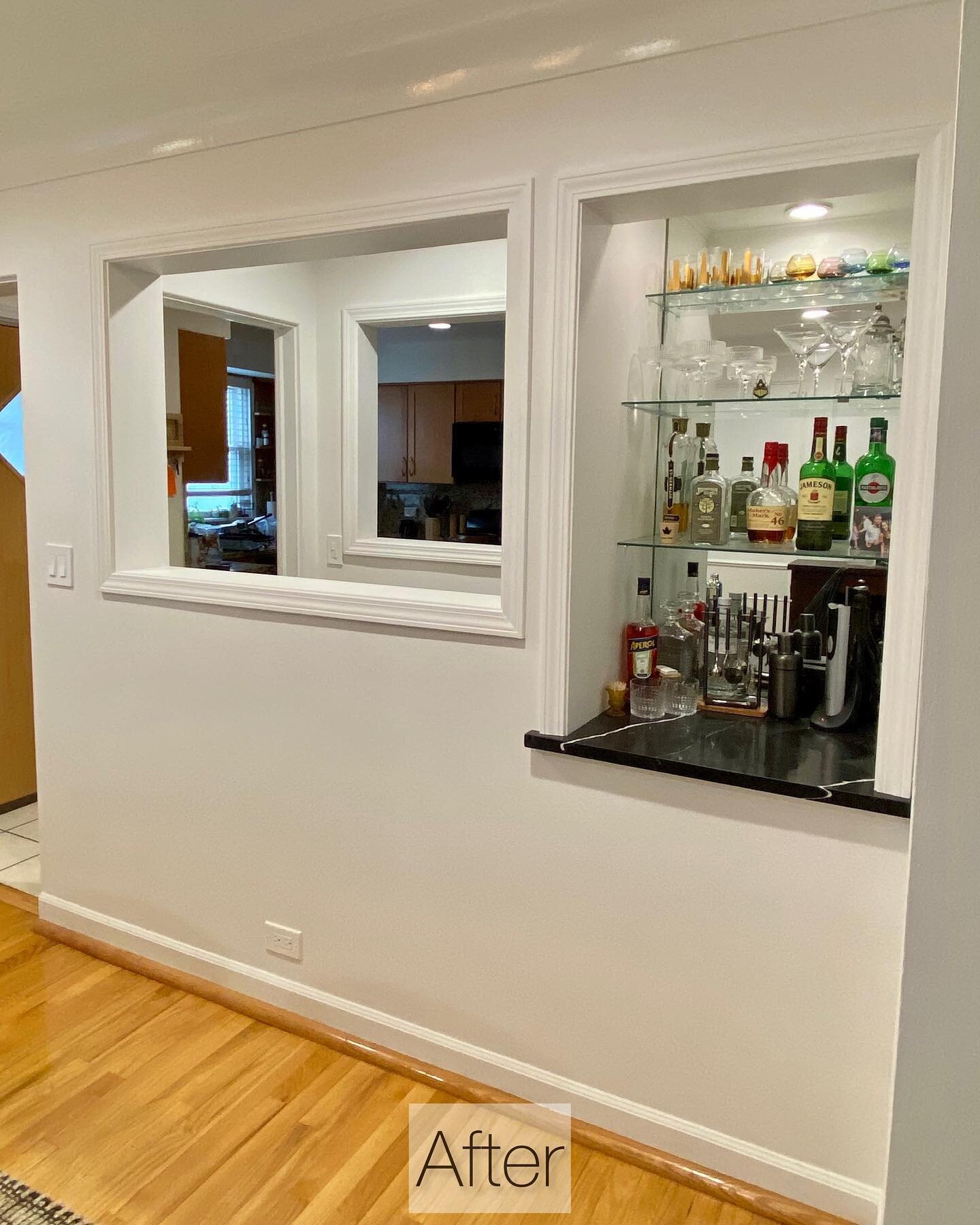 Bar nook &amp; wall openings: After -&gt; Before

Making the most of available space with a bar nook featuring recessed lighting, custom countertop &amp; glass shelves. 

Wall openings create a cohesive feel between rooms that were formerly closed of