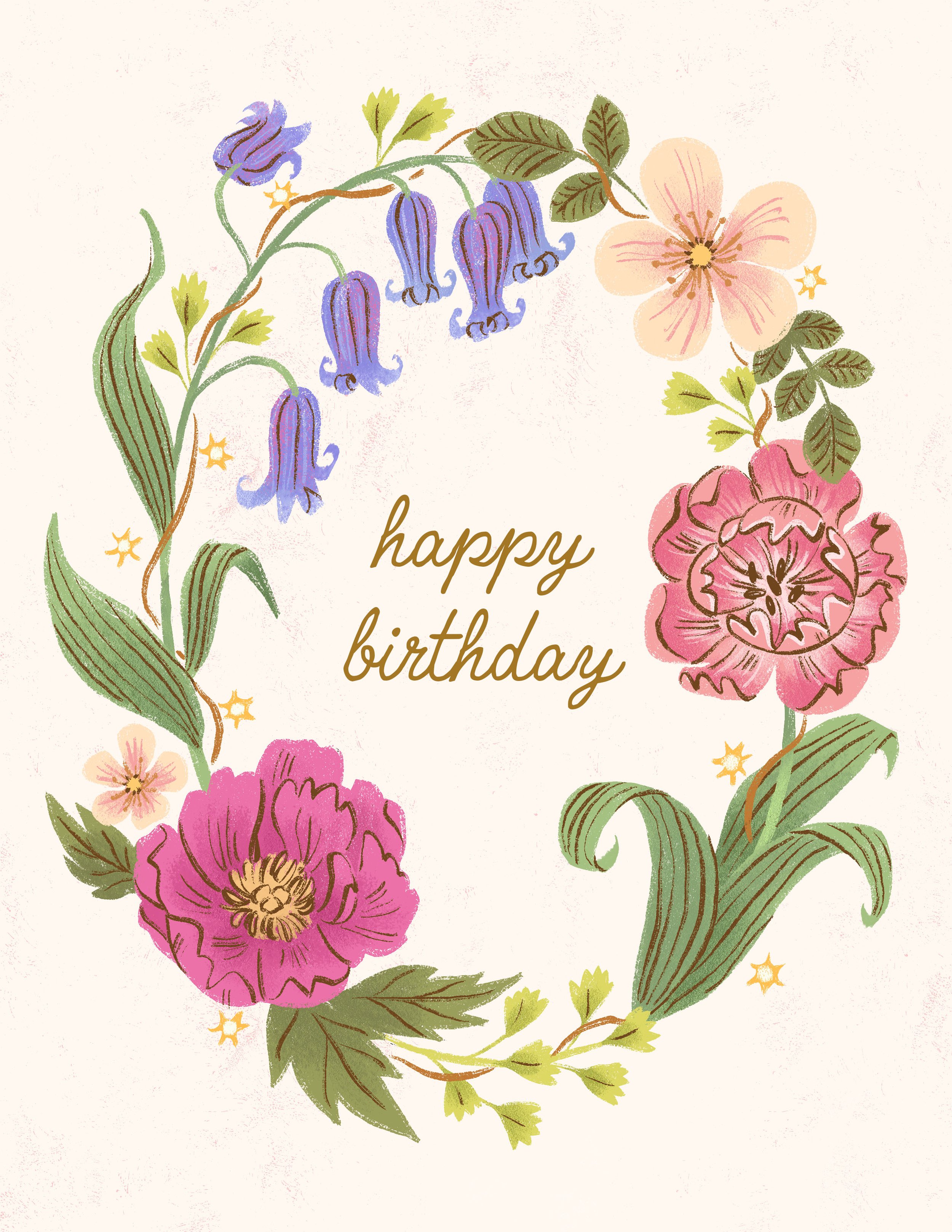 Floral greeting card illustration by Stephanie Nguyen. A wreath of english blue bells, wild rose, tulip, peony, ferns, leaves, fairy lights arranged around the words "happy birthday" in cursive