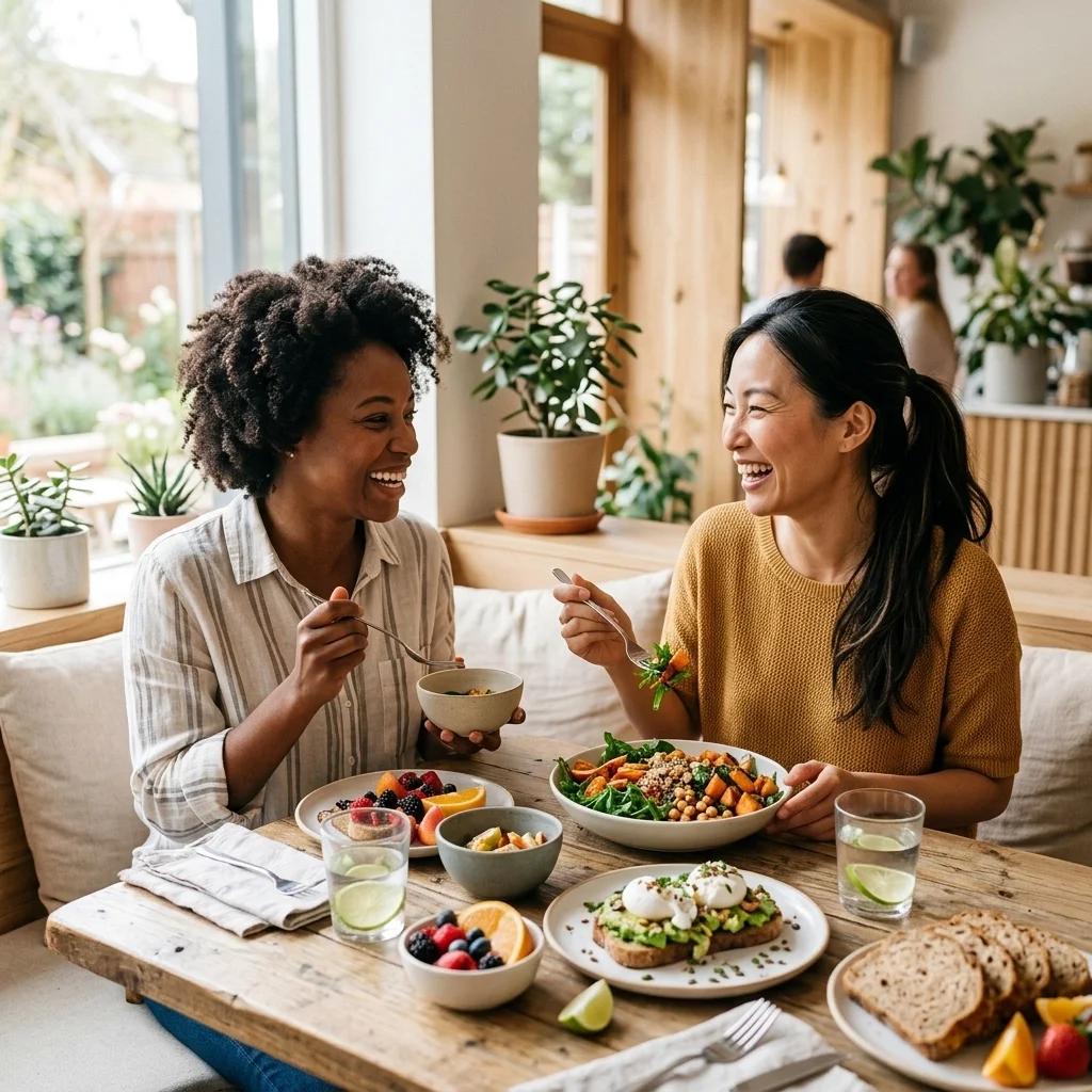 Two women share a meal at a wooden table with various dishes including a salad, fruit, and bread, enjoying a lively conversation in a bright, cozy room with plants and large windows.