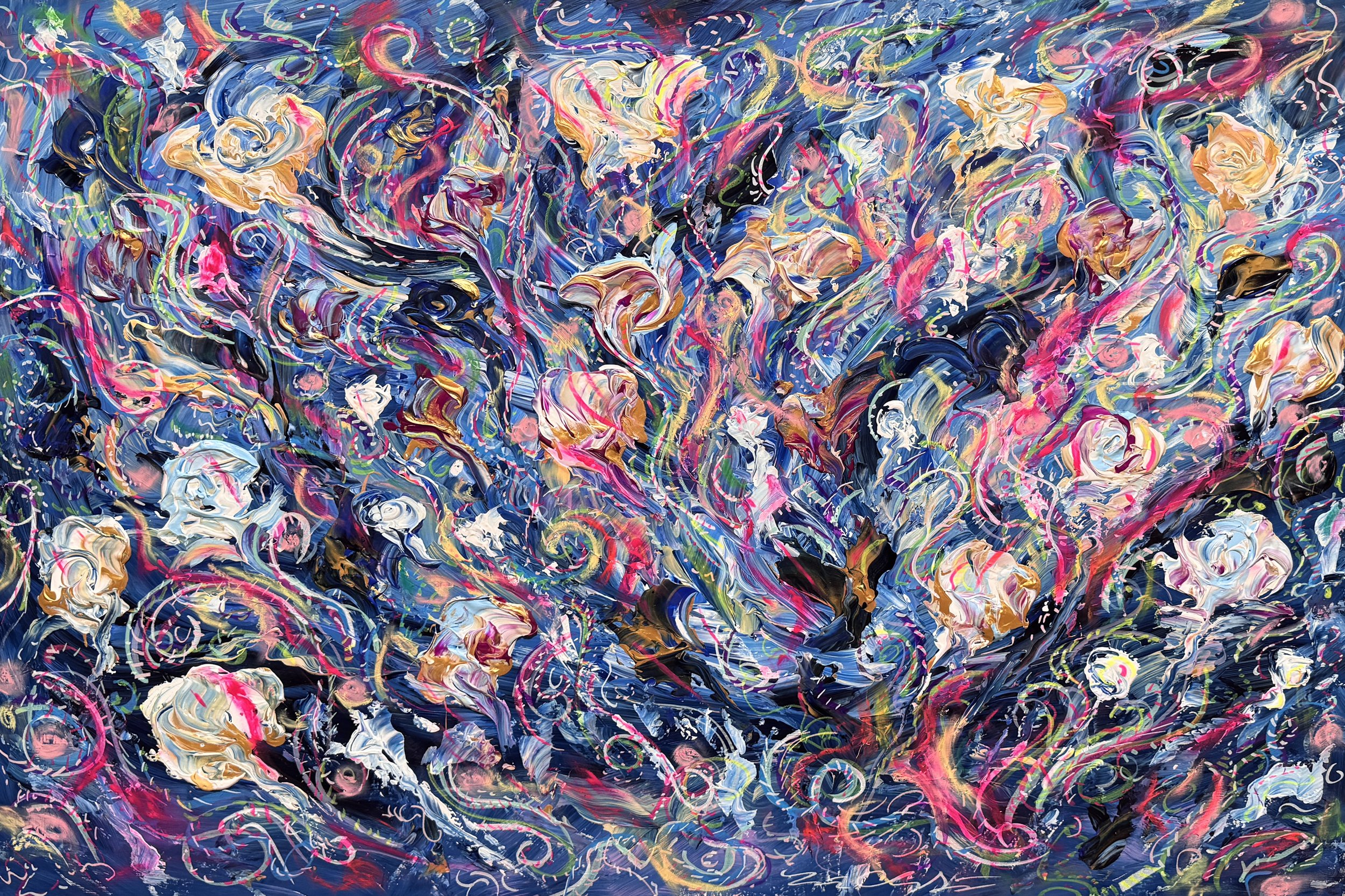 Flowers in the Sky, 36 x 48 in. Acrylic and pastel on wood panel