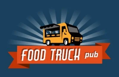 Logo of a food truck pub with a yellow truck and a red banner reading 'Food Truck Pub' on a blue background.