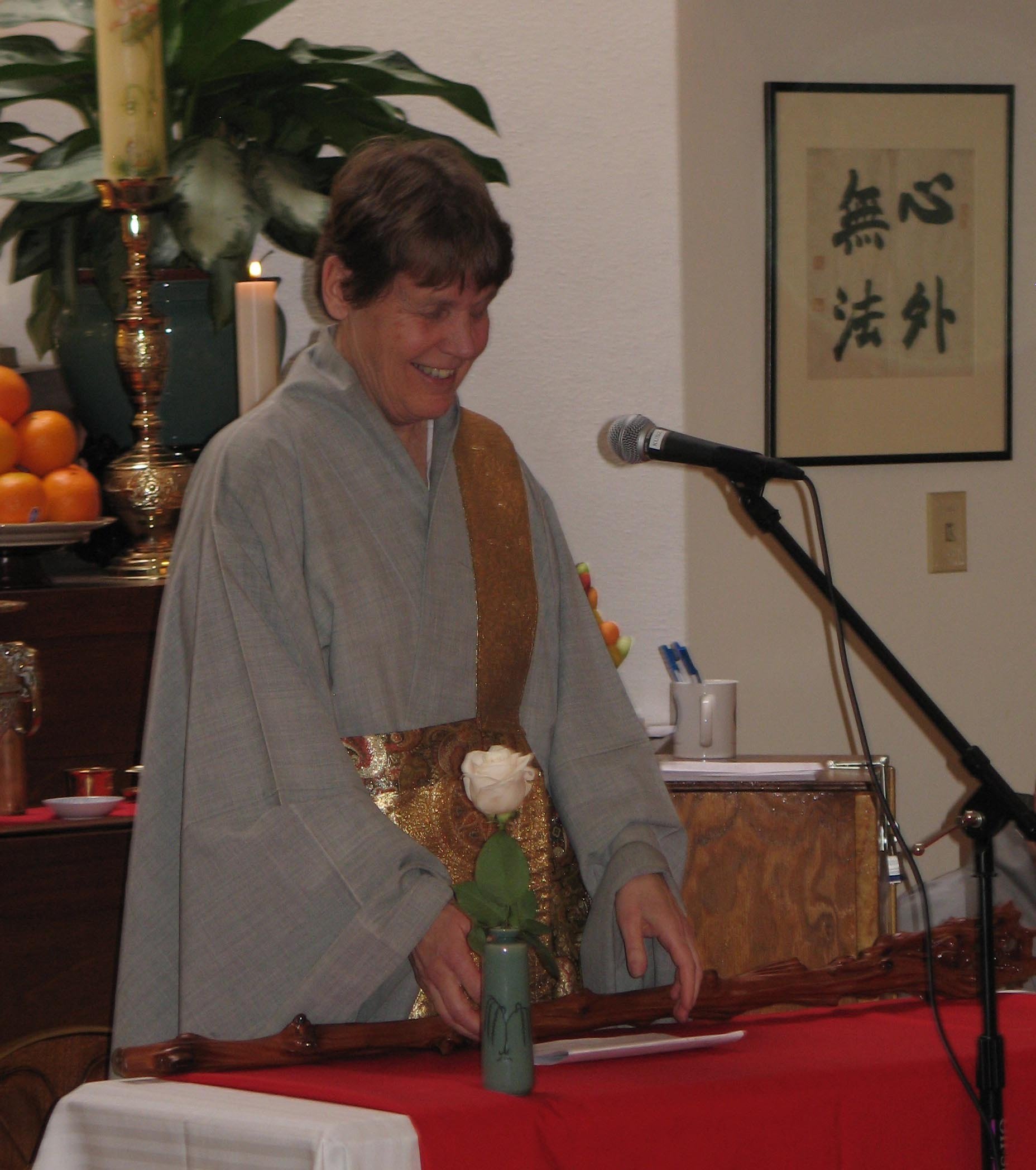 Zen Master Seong Hyang (Barbara Rhodes) speaking at the ceremony honoring her installation as Kwan Um School of Zen Guiding Dharma Teacher and School Zen Master.