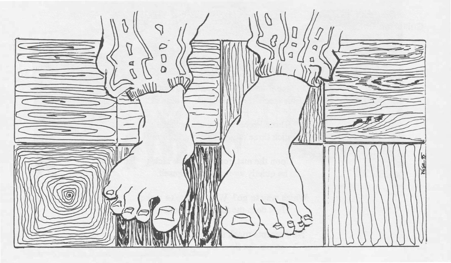 Pen and ink illustration looking down at a pair of bare feet, set against a wood grain background