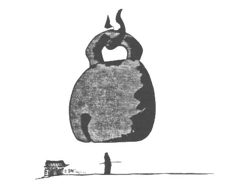Ink illustration of a moktak (wooden fish percussion instrument) with a small monk standing nearby