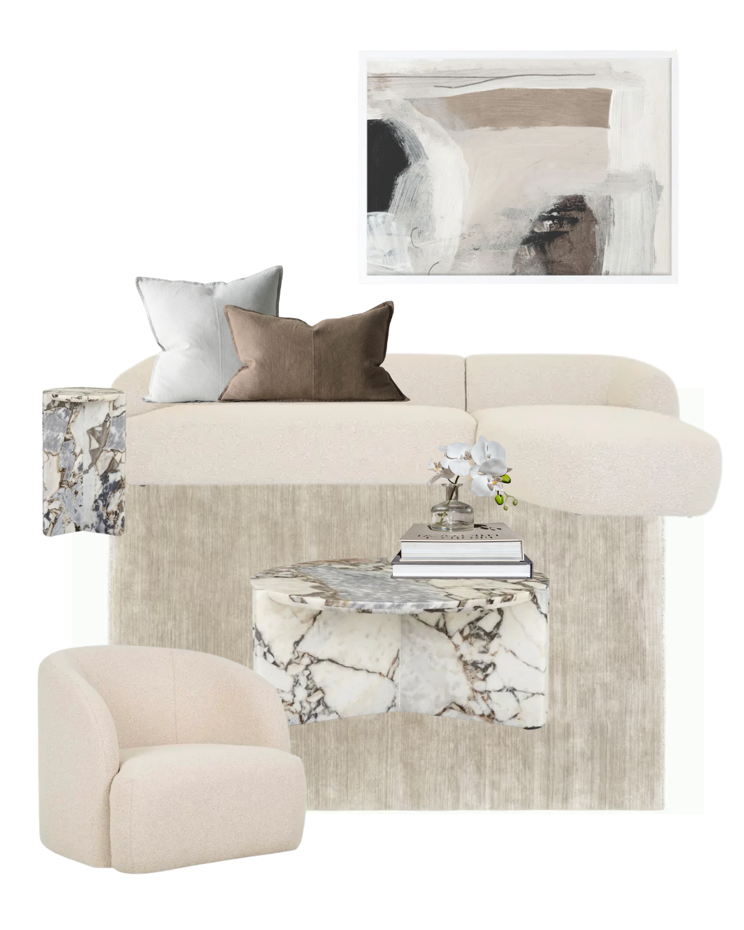 Interior living room with beige sofa, marble coffee table, beige armchair, abstract wall art, and throw pillows in neutral tones.