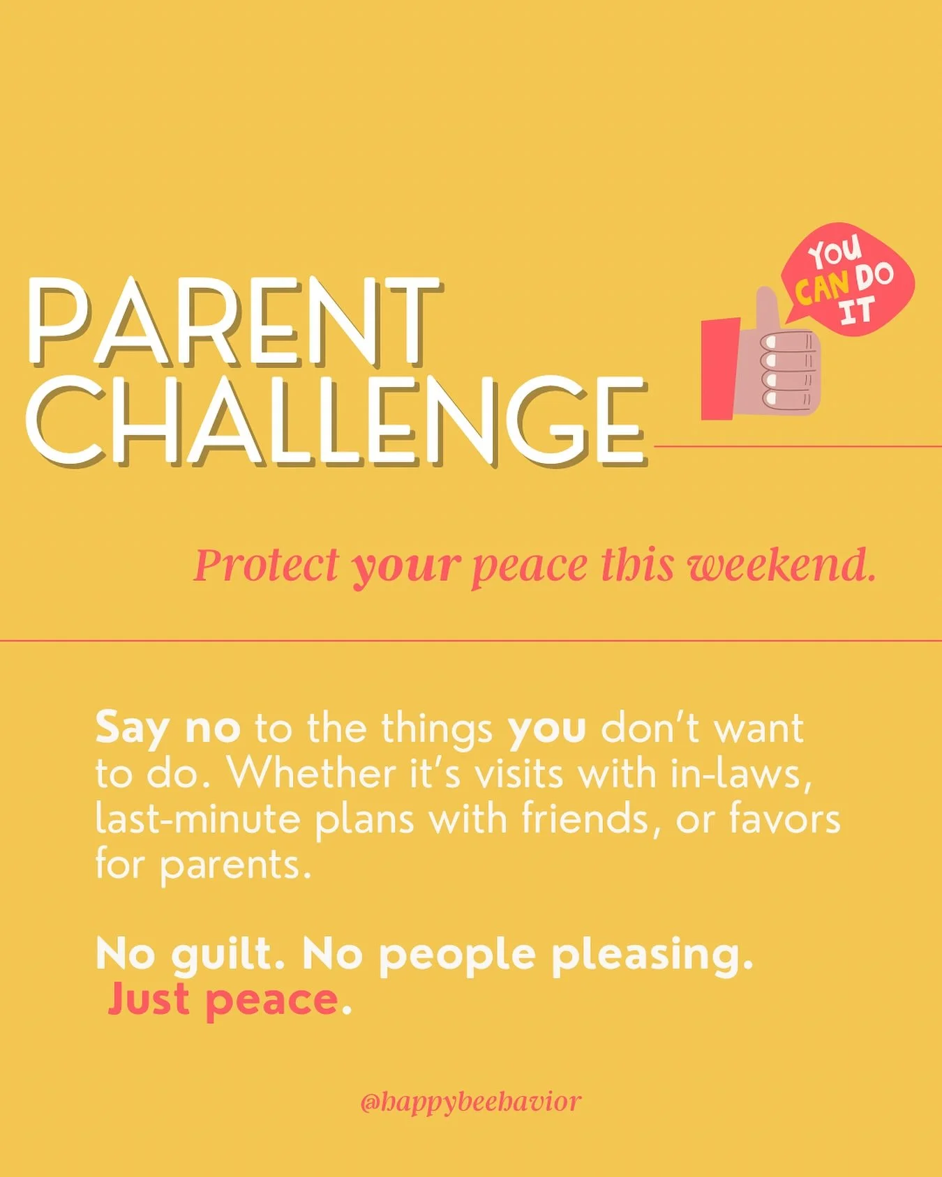 Hiii, happy Saturday!! We have a challenge for you! This weekend, we challenge you to protect your peace. This is for all our people pleasers!
Say no to something you don’t want to do….WITHOUT guilt. That means:
•Saying no to hosti