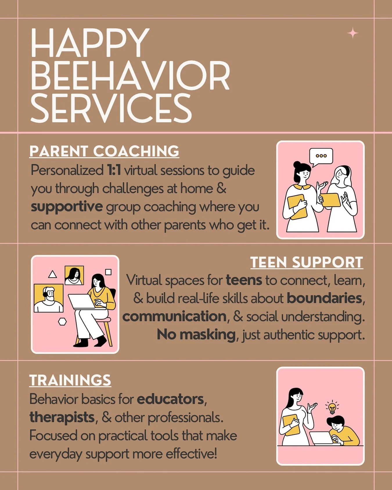 Hi there! We&rsquo;re Karina and Mel, behavior analytic professionals and the team behind Happy Beehavior! 👋 

Since starting in 2023, we&rsquo;ve been supporting families, teens, and educators through parent coaching, teen groups, and staff trainin