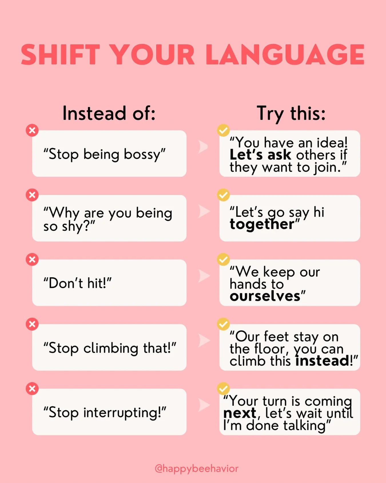 The way we talk to kids really does matter.

In behavior, one of the biggest things we focus on is reframing how we speak to children. If we only tell them what not to do, we kind of leave them hanging&hellip; okay, but what can I do instead?

Tellin