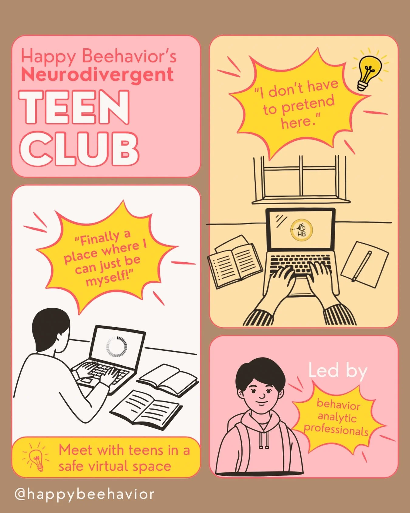 At our teen club, we have a safe virtual space where teens can be themselves and learn about things like emotional regulation, coping skills, self advocacy, social confidence, and real life problem solving. It&rsquo;s a place to connect and have fun 