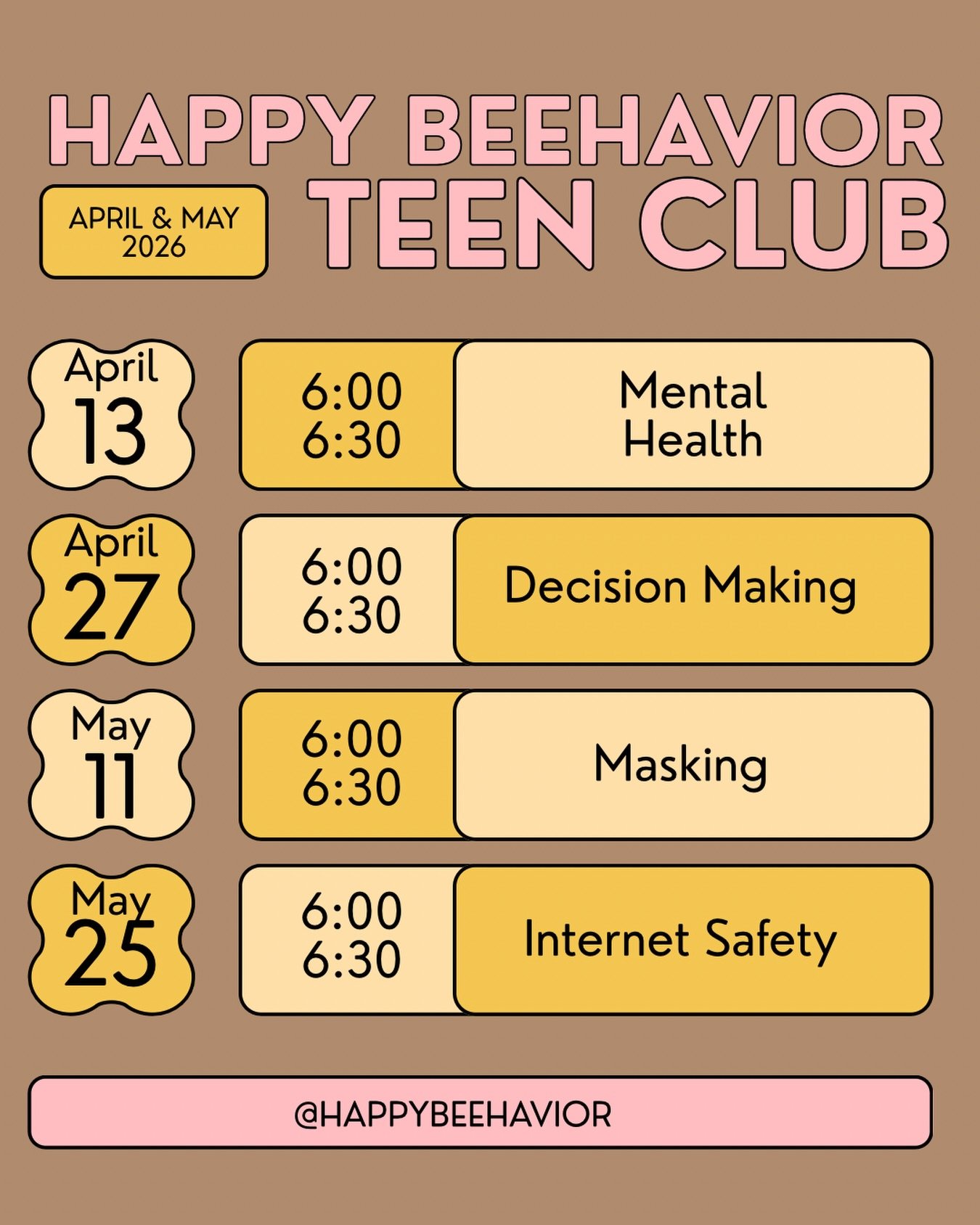 April &rarr; May lineup is set and we&rsquo;re getting into the conversations that matter at our virtual teen club! 

From mental health to decision making, masking, and internet safety&hellip; these are the topics our teens are already navigating ev