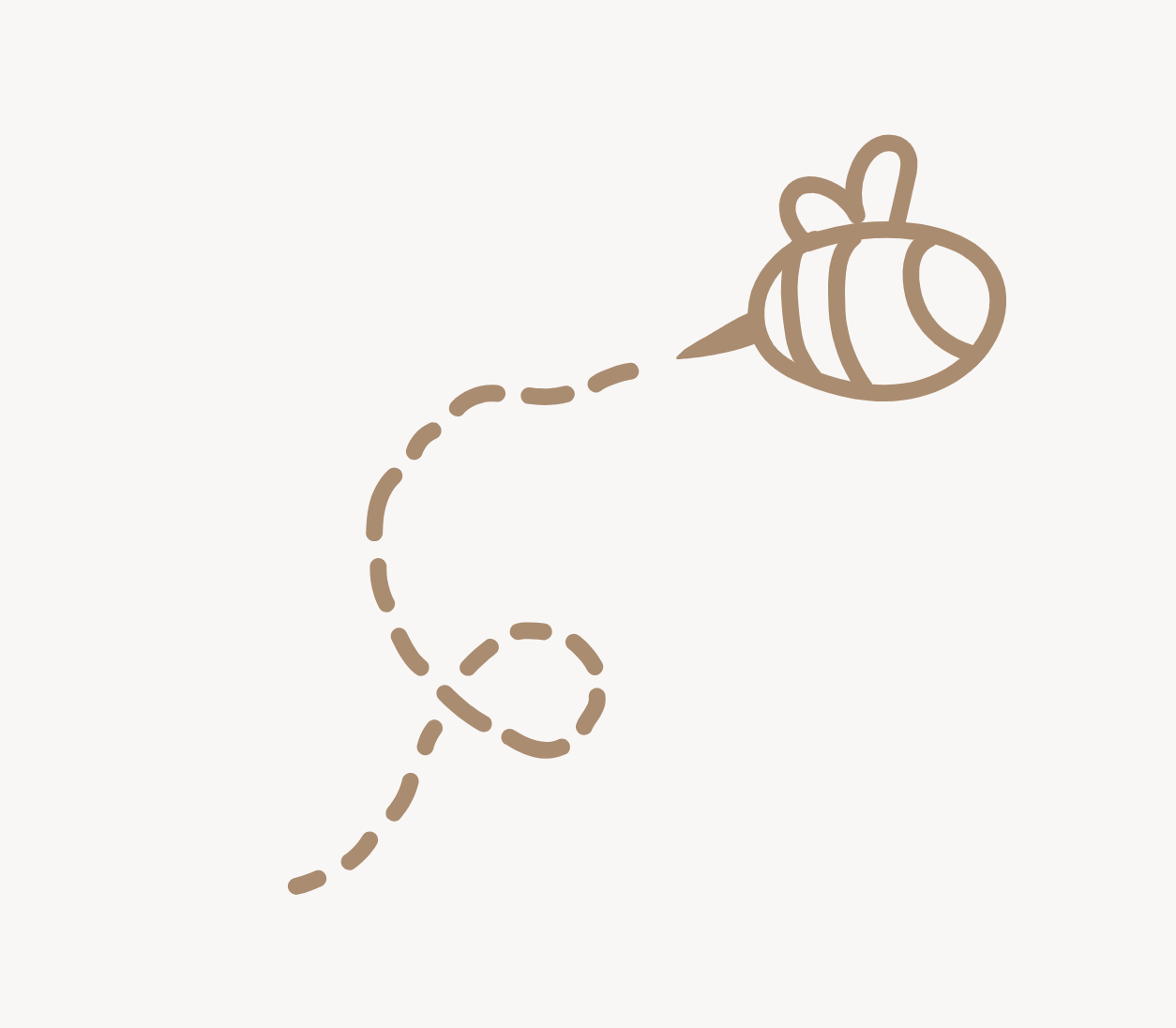 Simple drawing of a cartoon bee with a dashed flight path.